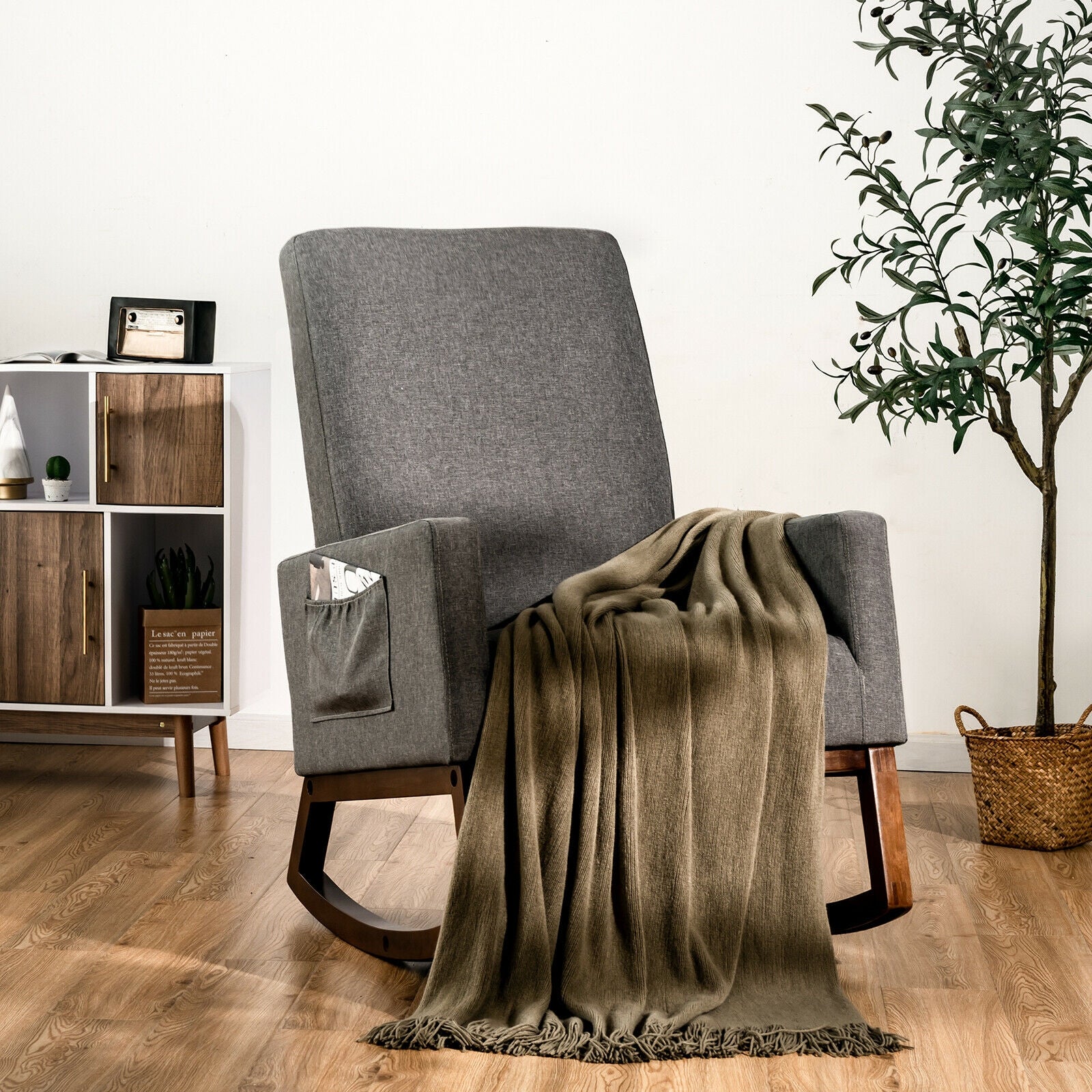 Rocking High Back Upholstered Lounge Armchair, Gray - Image 7