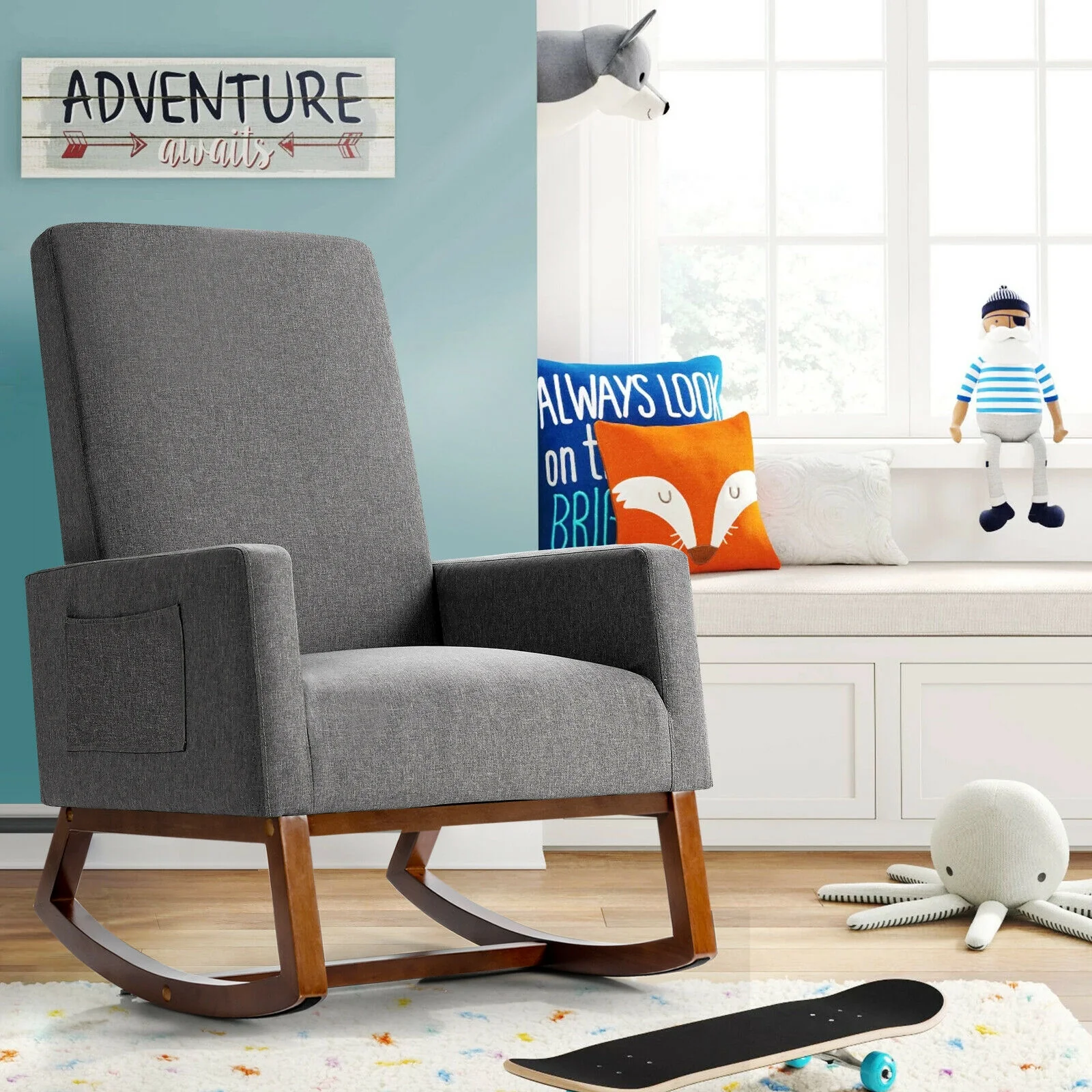 Rocking High Back Upholstered Lounge Armchair, Gray - Image 8