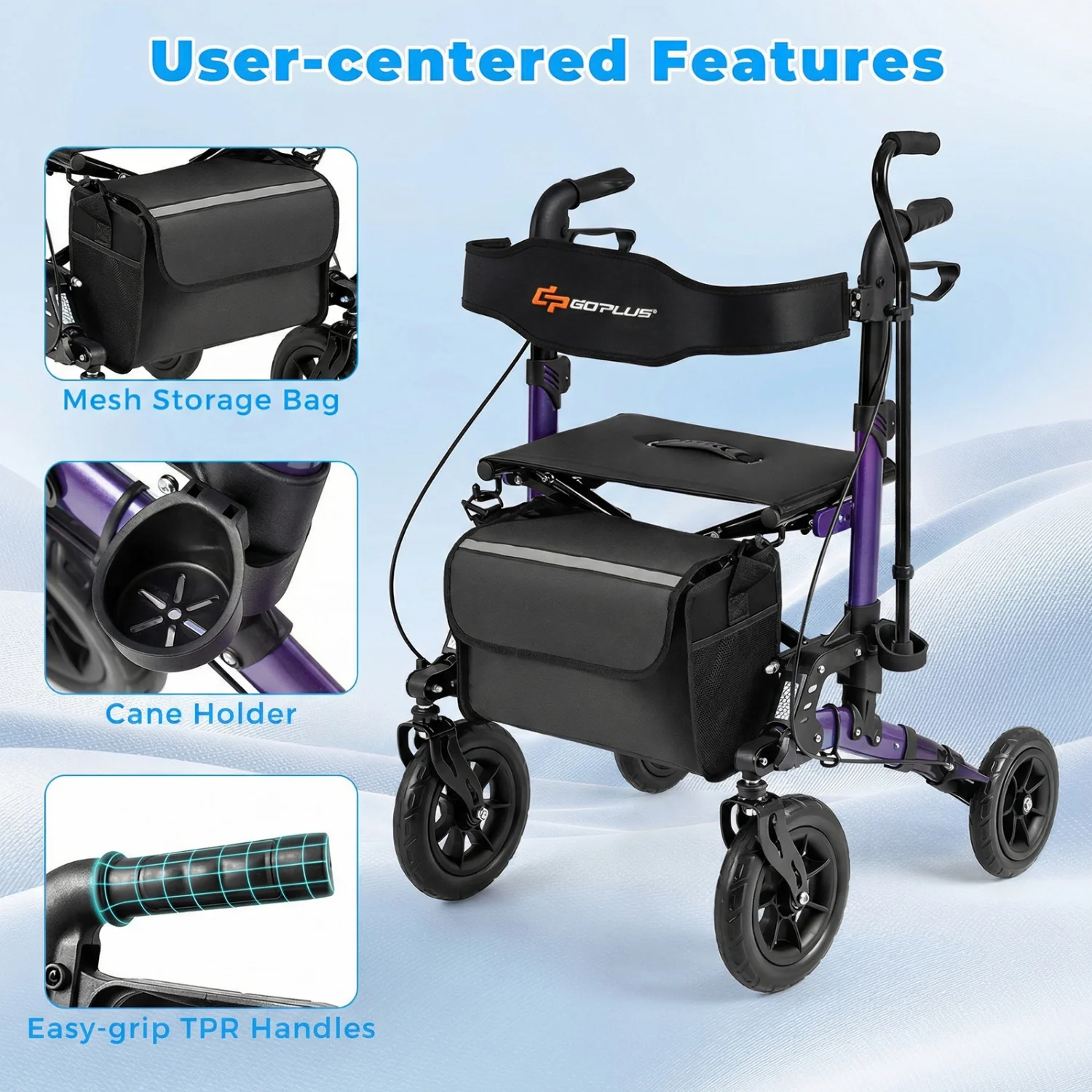 Rollator Walker for Seniors Folding Rolling Walker with Seat, Purple - Image 10