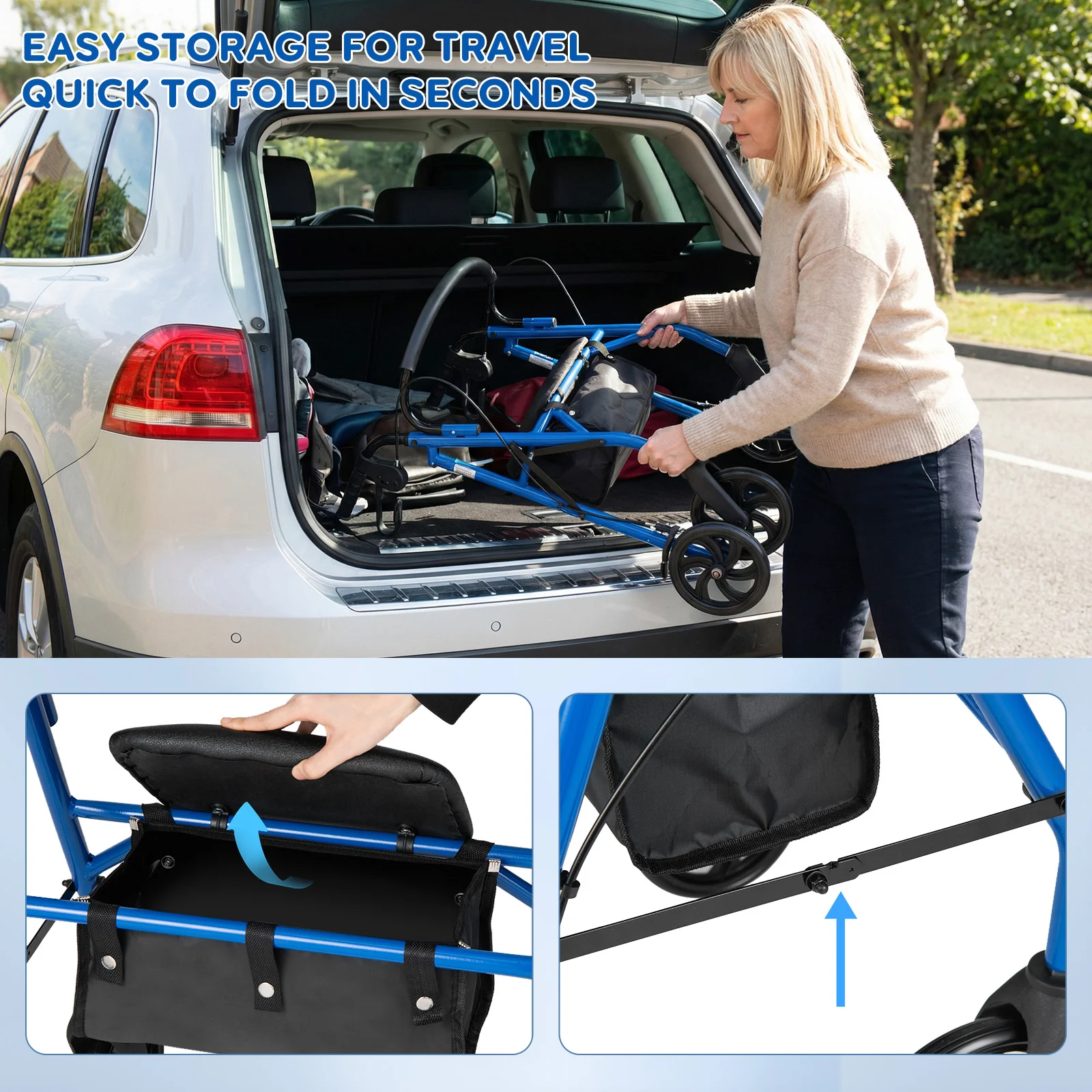 Rollator Walker With Seat, Height Adjustable Handles, Blue - Image 9