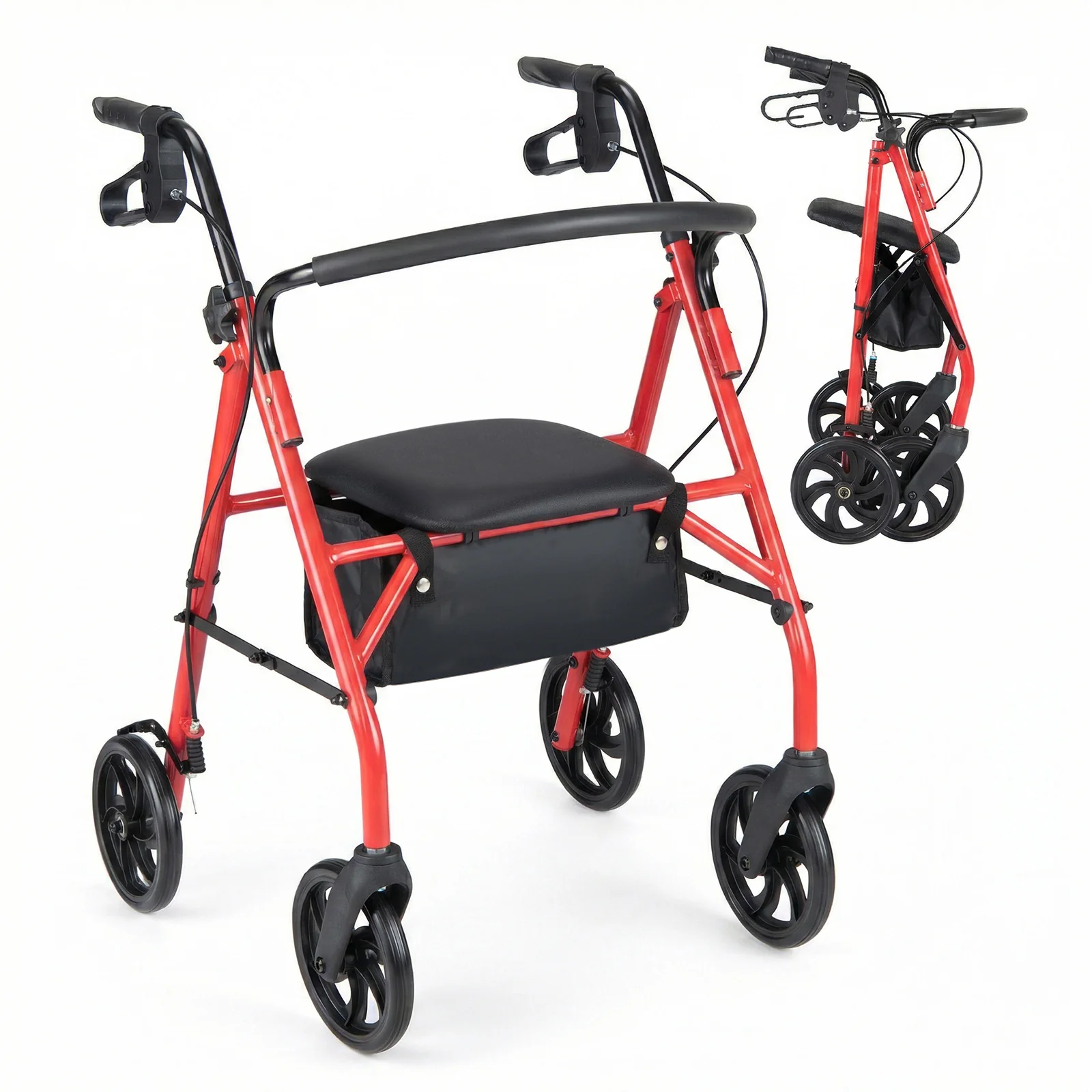 Rollator Walker With Seat, Height Adjustable Handles, Red