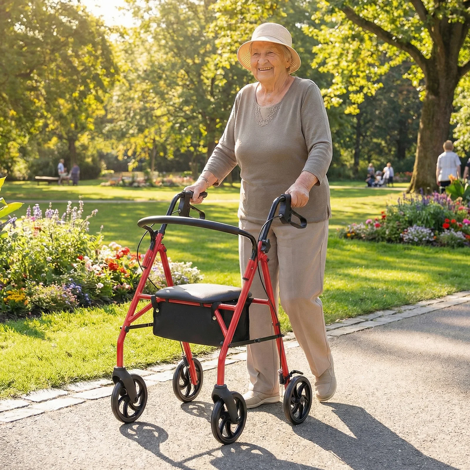 Rollator Walker With Seat, Height Adjustable Handles, Red - Image 2