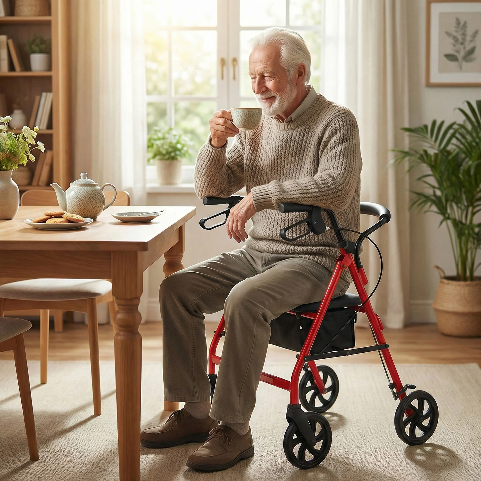 Rollator Walker With Seat, Height Adjustable Handles, Red - Image 3