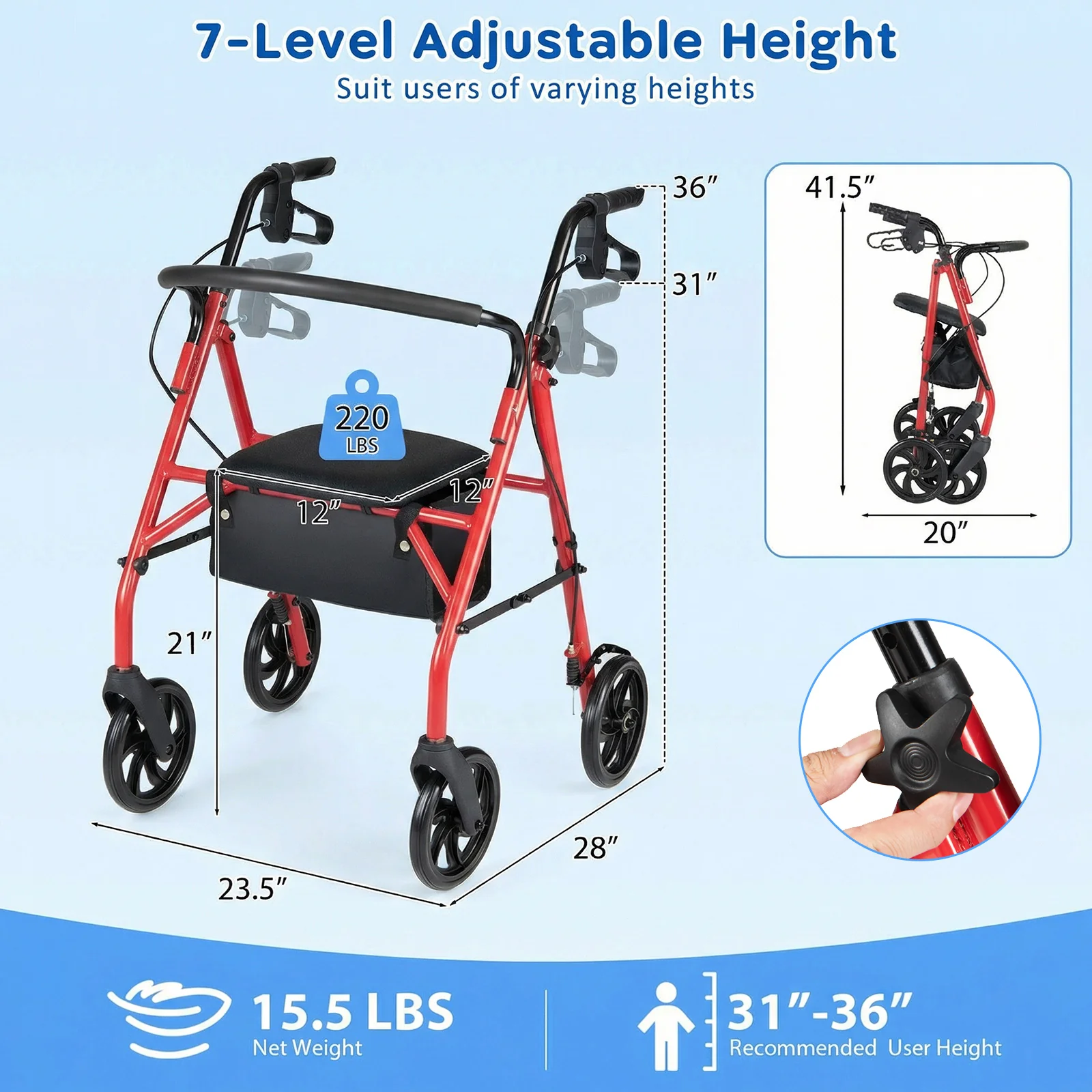 Rollator Walker With Seat, Height Adjustable Handles, Red - Image 5