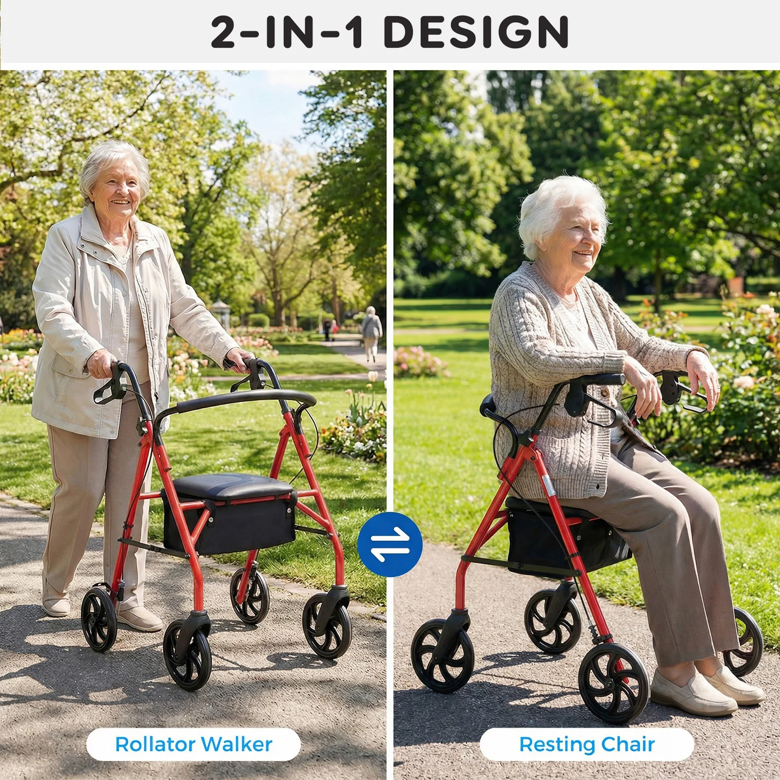 Rollator Walker With Seat, Height Adjustable Handles, Red - Image 7