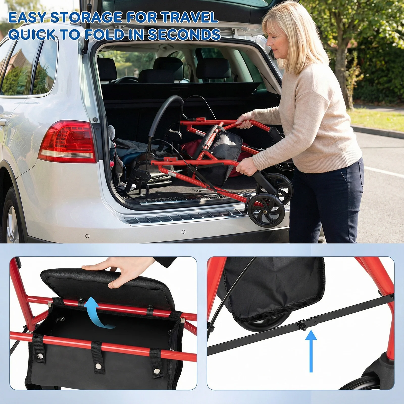 Rollator Walker With Seat, Height Adjustable Handles, Red - Image 9