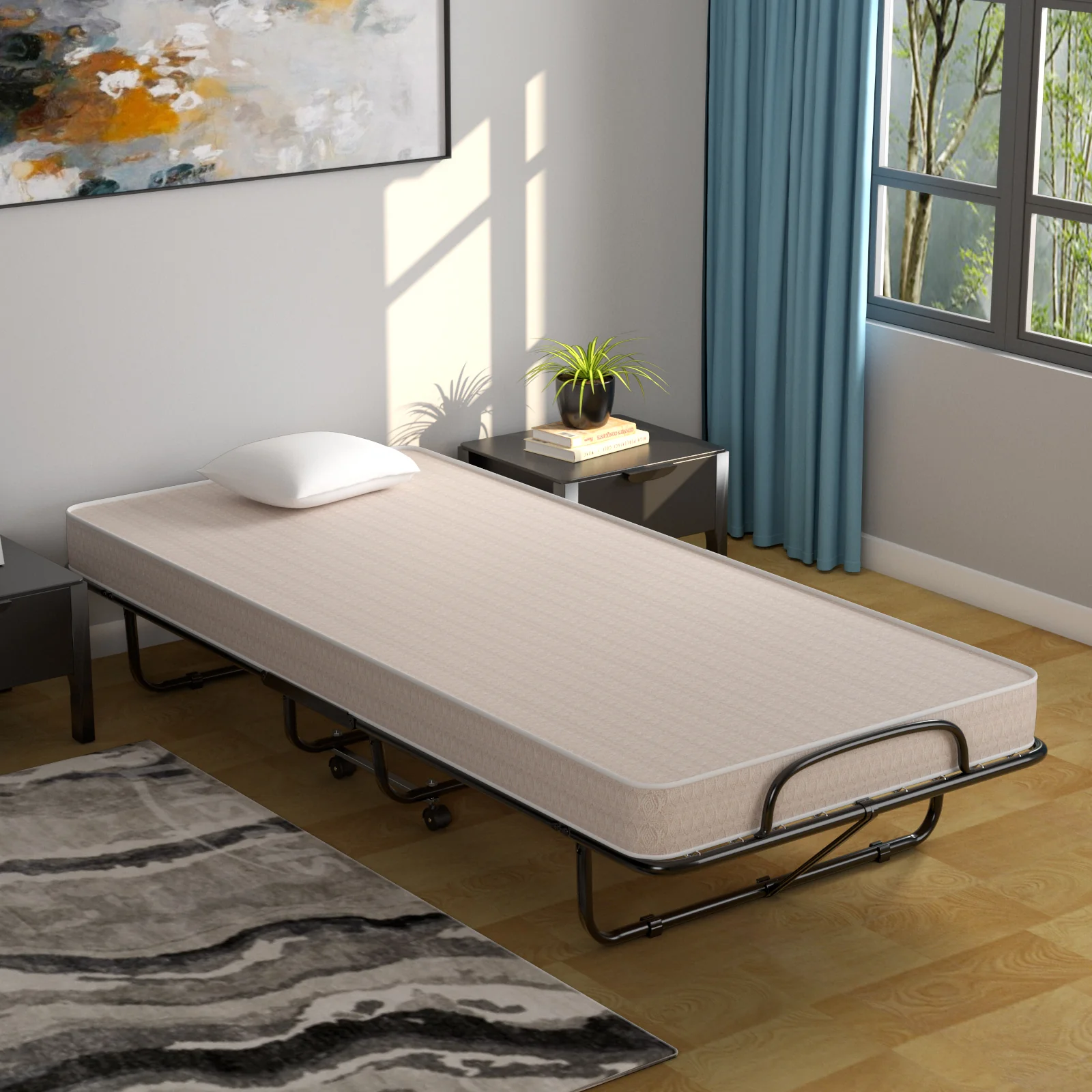 Rollaway Guest Bed, Steel Frame, Memory Foam Mattress, Beige - Image 2