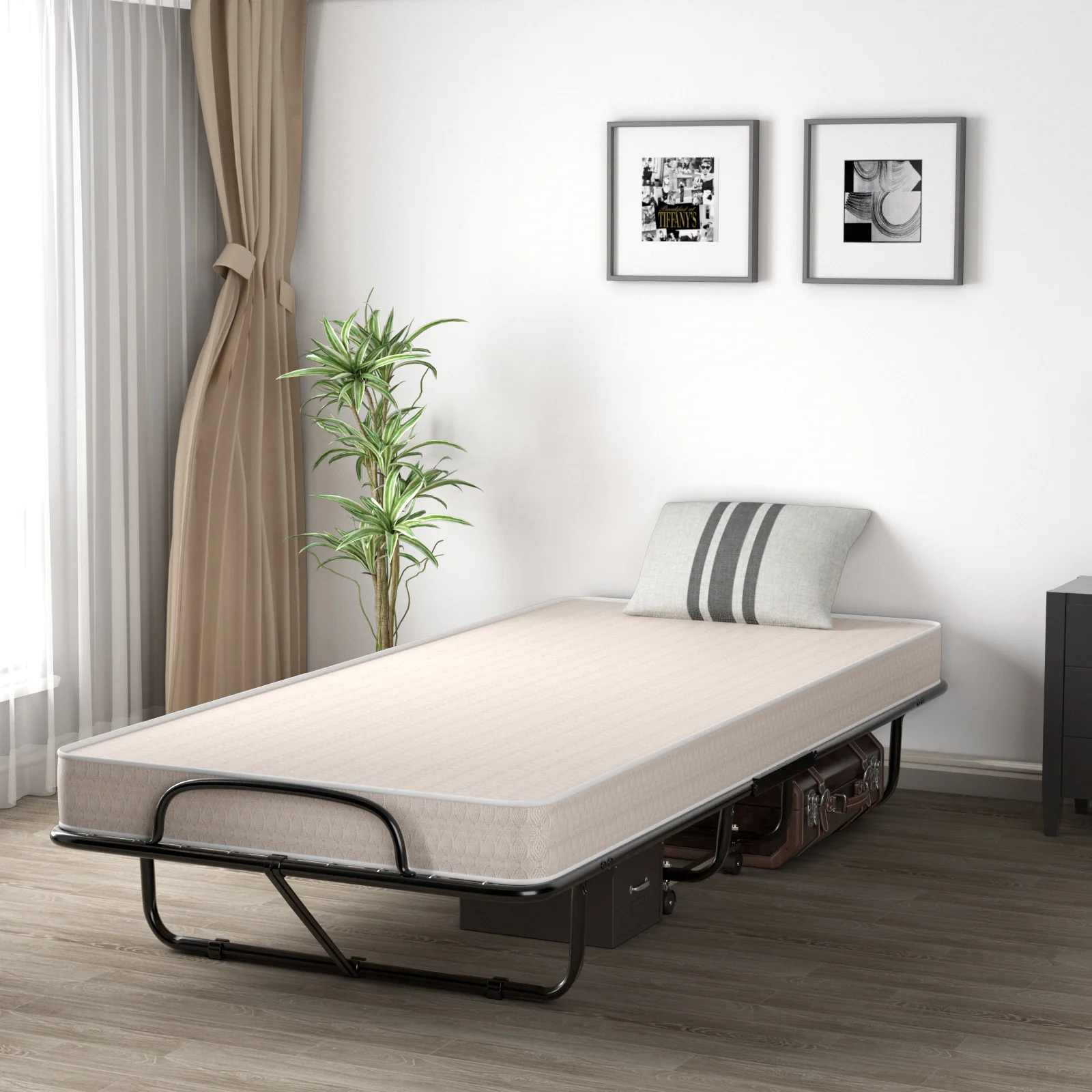 Rollaway Guest Bed, Steel Frame, Memory Foam Mattress, Beige - Image 3
