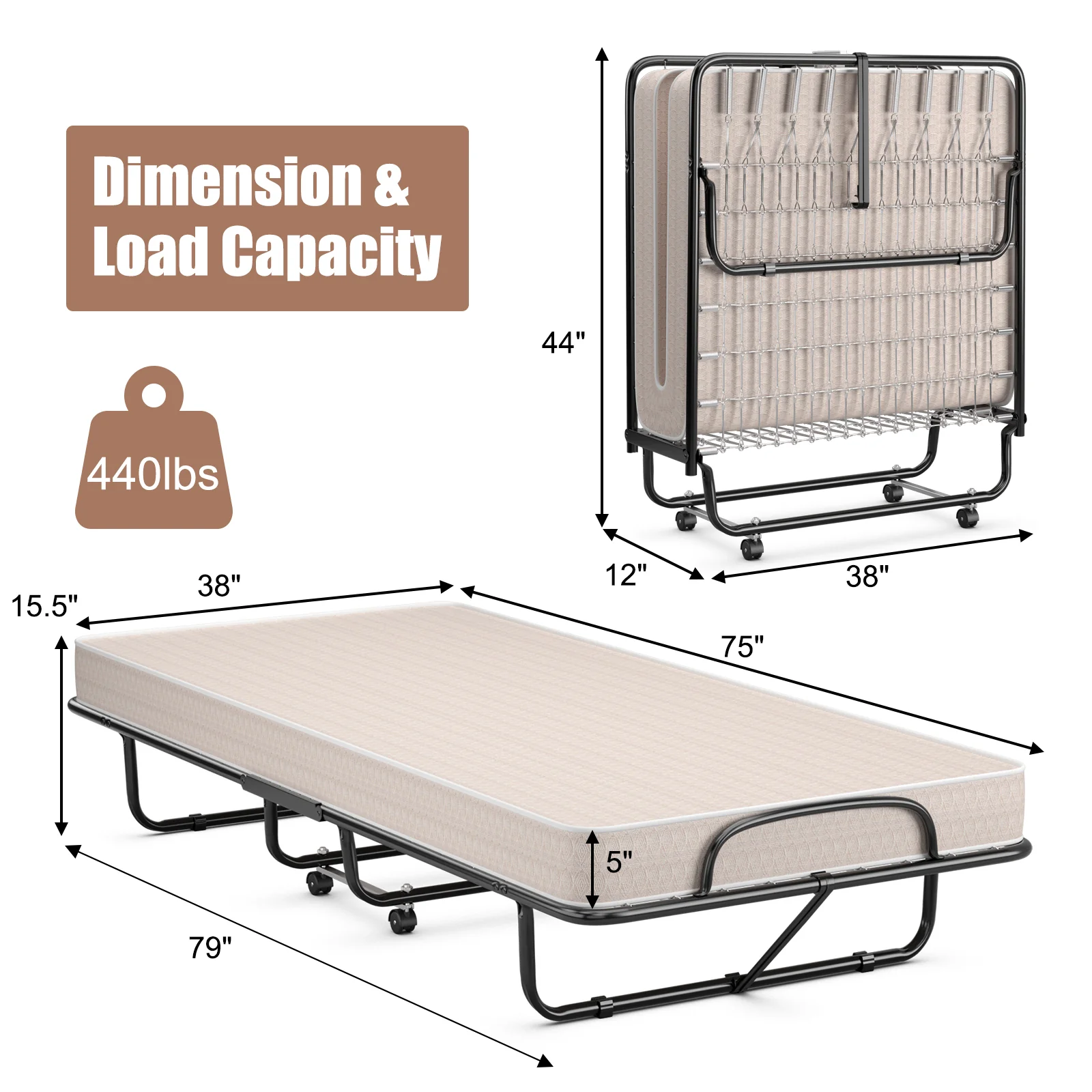 Rollaway Guest Bed, Steel Frame, Memory Foam Mattress, Beige - Image 6