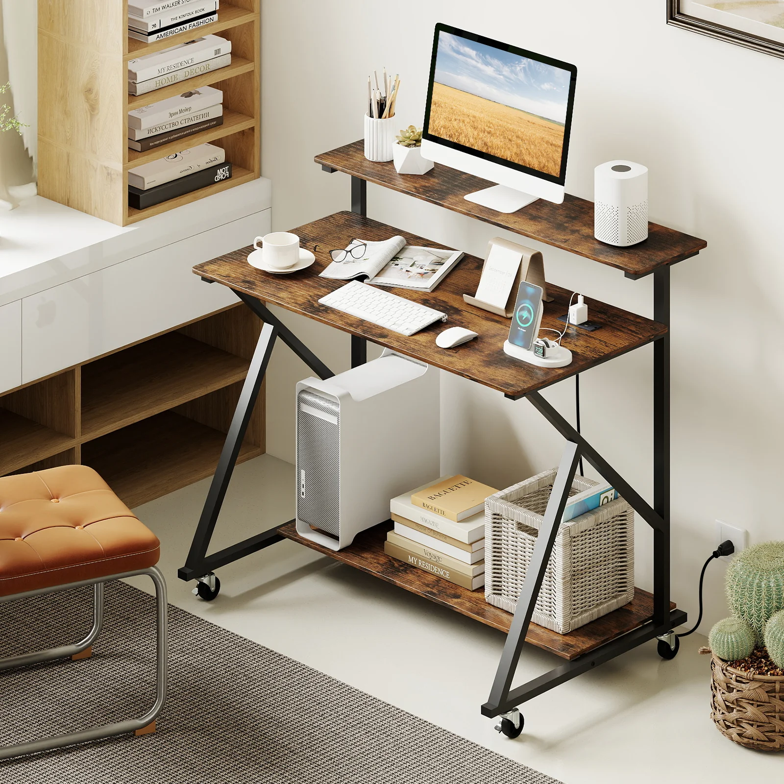 Rolling Computer Desk With Charging Station, Monitor Shelf, Brown - Image 3