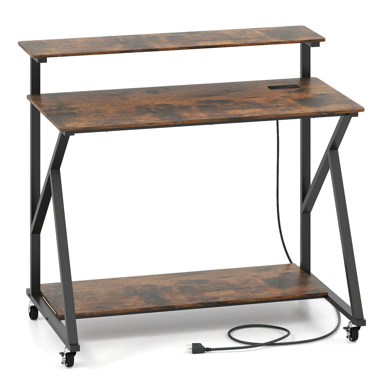 Rolling Computer Desk With Charging Station, Monitor Shelf, Brown - Image 5