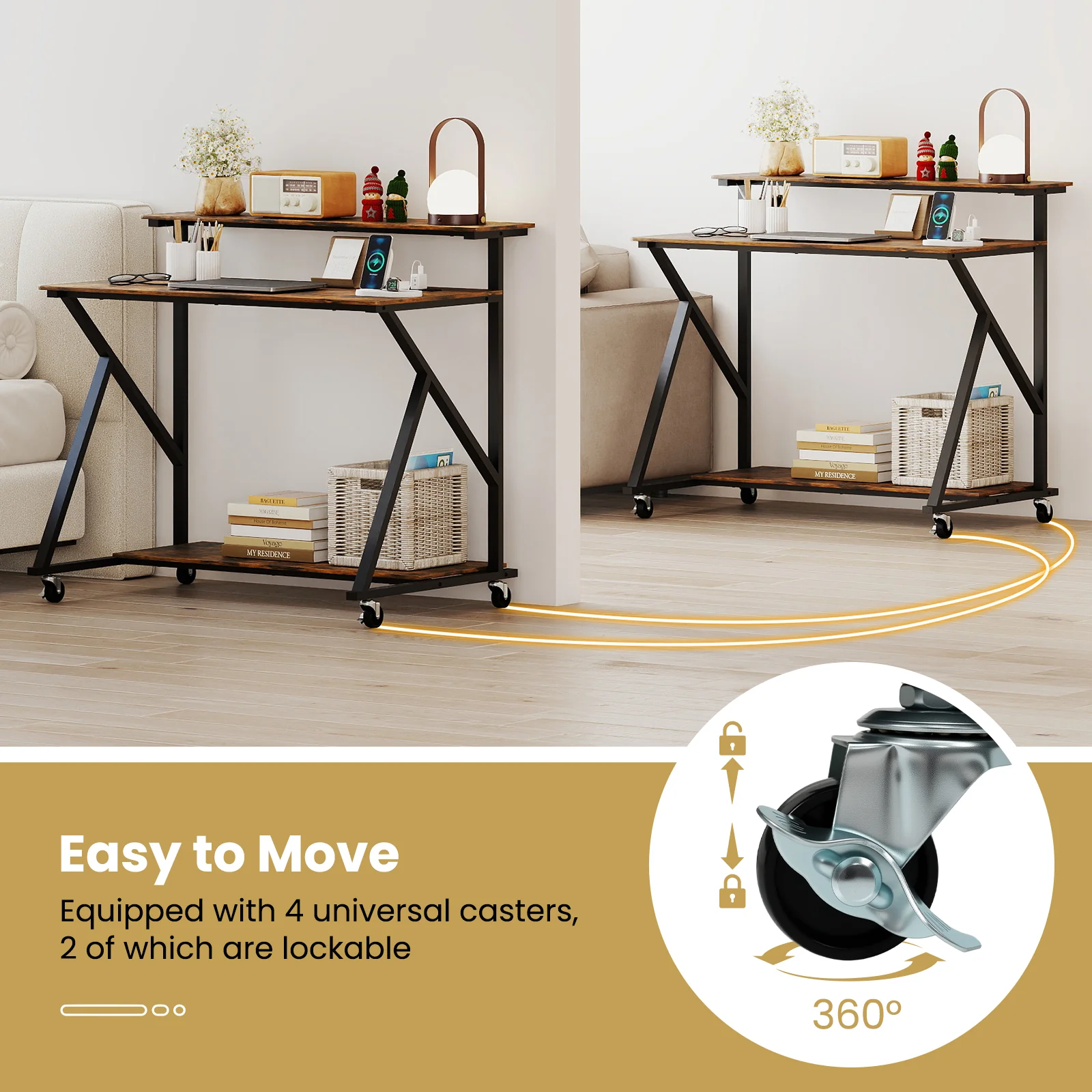 Rolling Computer Desk With Charging Station, Monitor Shelf, Brown - Image 9