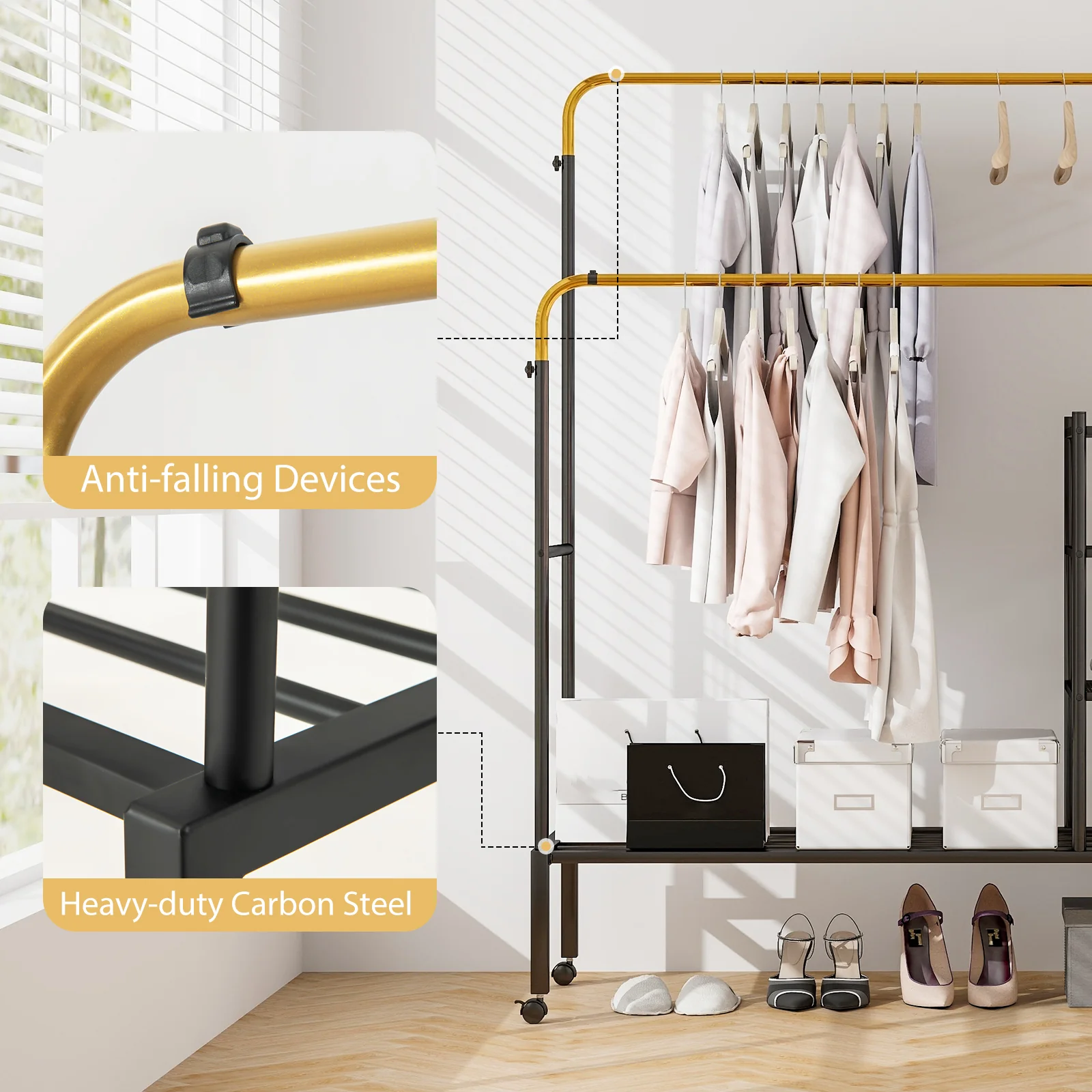 Rolling Double Rod Garment Rack, Height Adjustable, Golden - Image 3