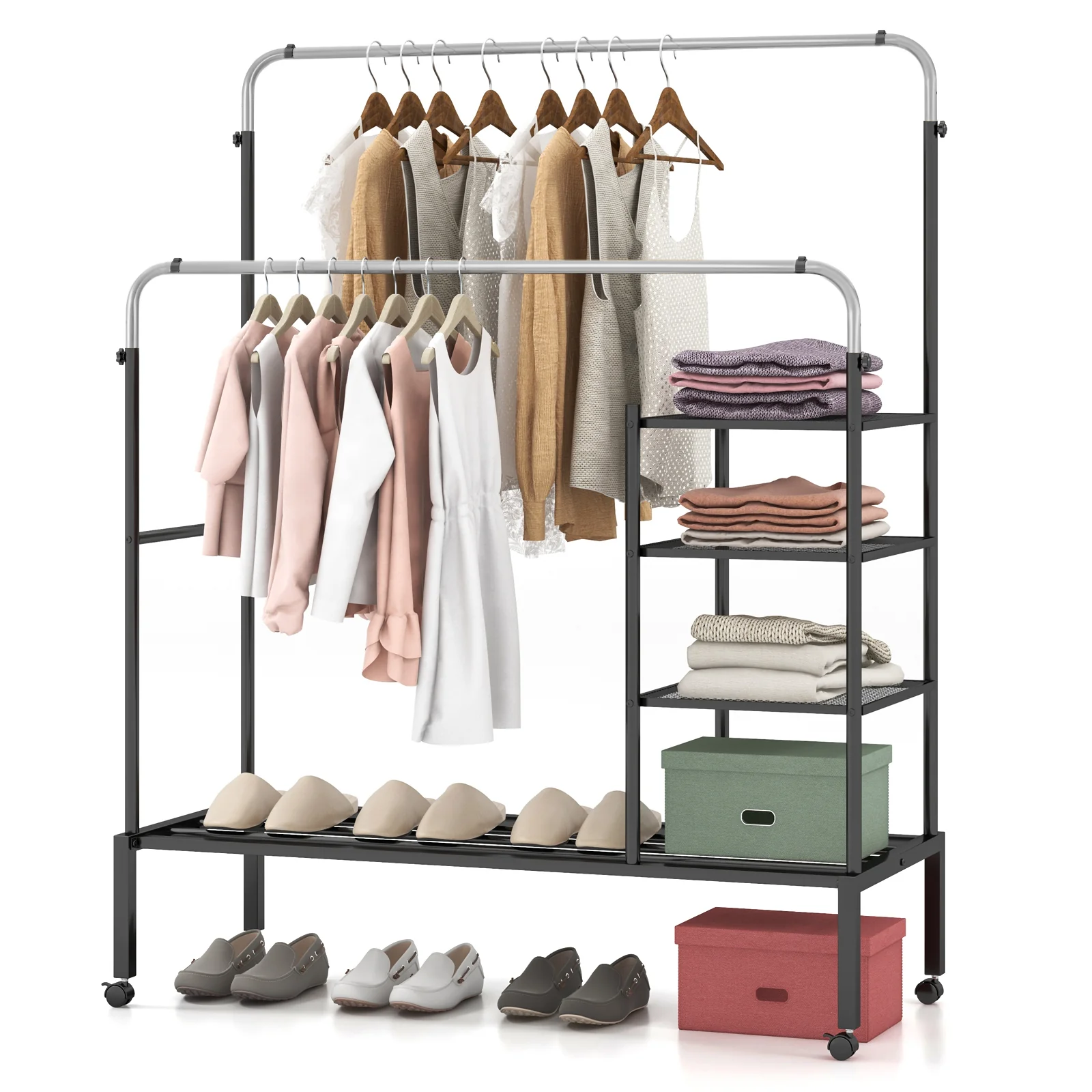 Rolling Double Rods Garment Rack, Height Adjustable Hanging Bars, Silver - Image 5