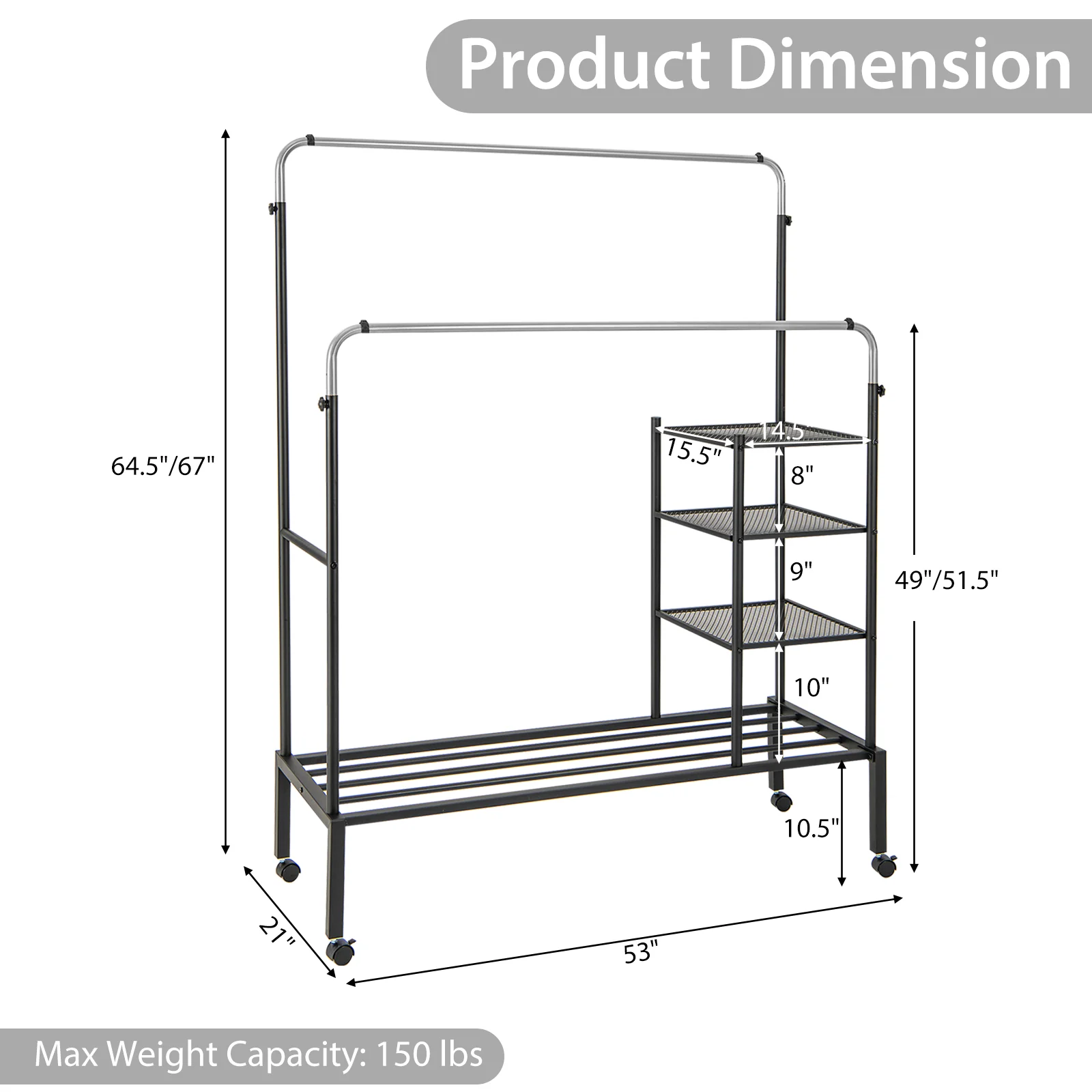 Rolling Double Rods Garment Rack, Height Adjustable Hanging Bars, Silver - Image 6