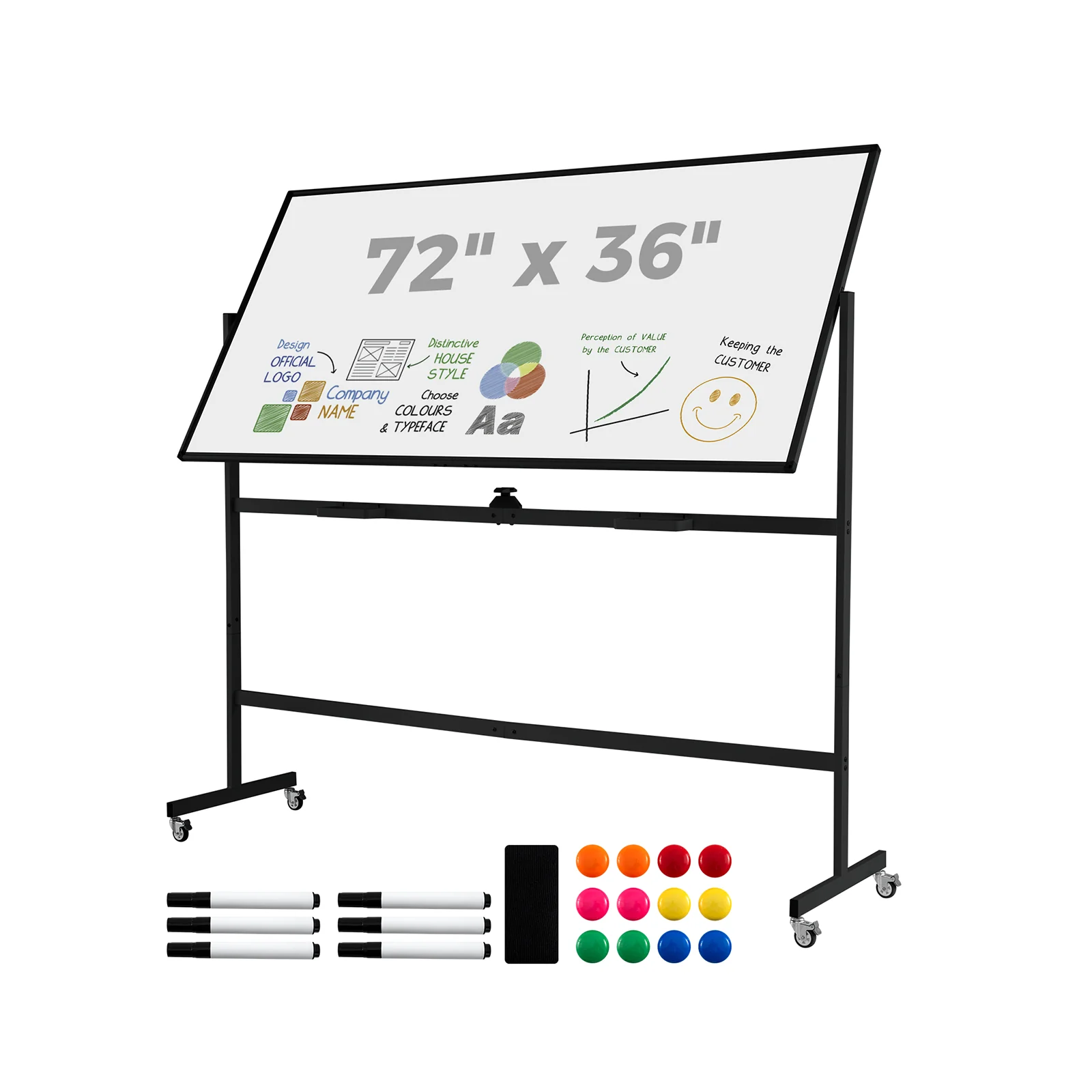 Rolling Double-Sided Magnetic Whiteboard on Wheels with Stand and Aluminum Alloy Frame, Black - Image 4