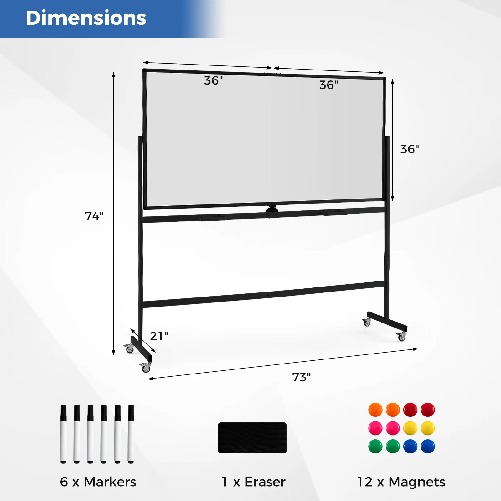 Rolling Double-Sided Magnetic Whiteboard on Wheels with Stand and Aluminum Alloy Frame, Black - Image 5
