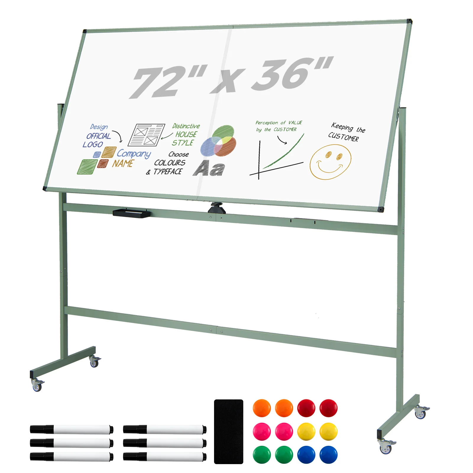 Rolling Double-Sided Magnetic Whiteboard on Wheels with Stand and Aluminum Alloy Frame, Green