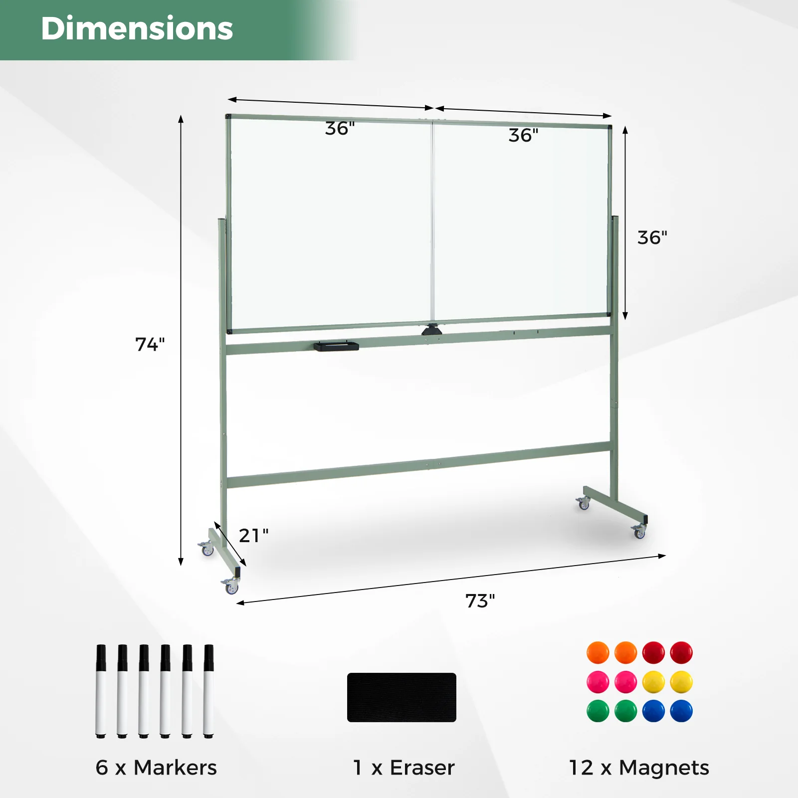 Rolling Double-Sided Magnetic Whiteboard on Wheels with Stand and Aluminum Alloy Frame, Green - Image 5