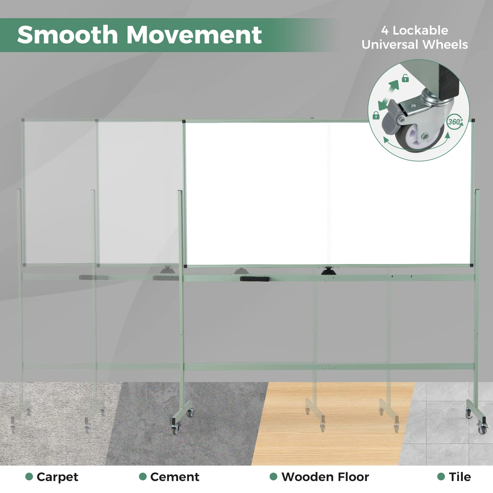 Rolling Double-Sided Magnetic Whiteboard on Wheels with Stand and Aluminum Alloy Frame, Green - Image 7