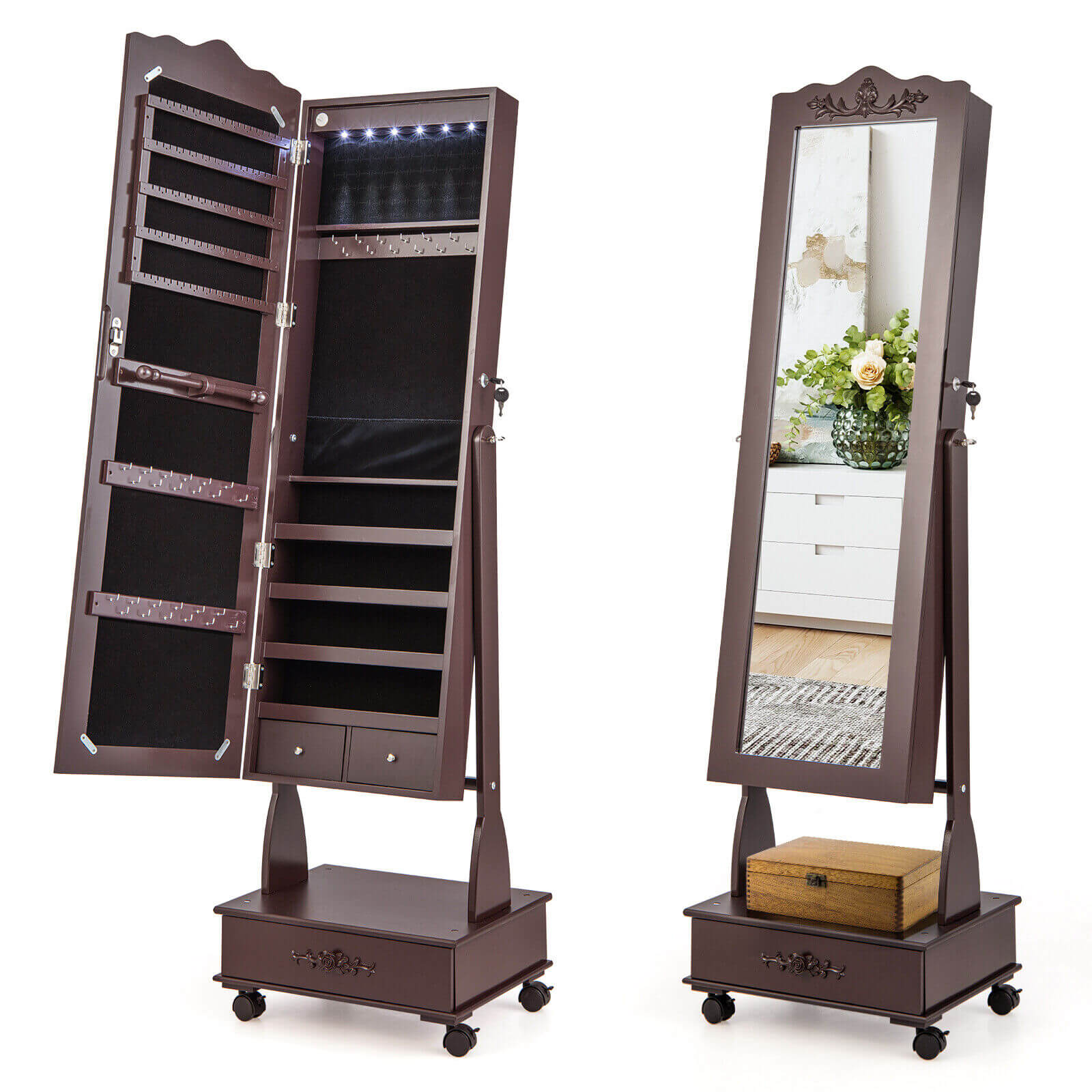 Rolling Floor Standing Mirrored Jewelry Armoire, Lock, Drawers, Brown - Image 2