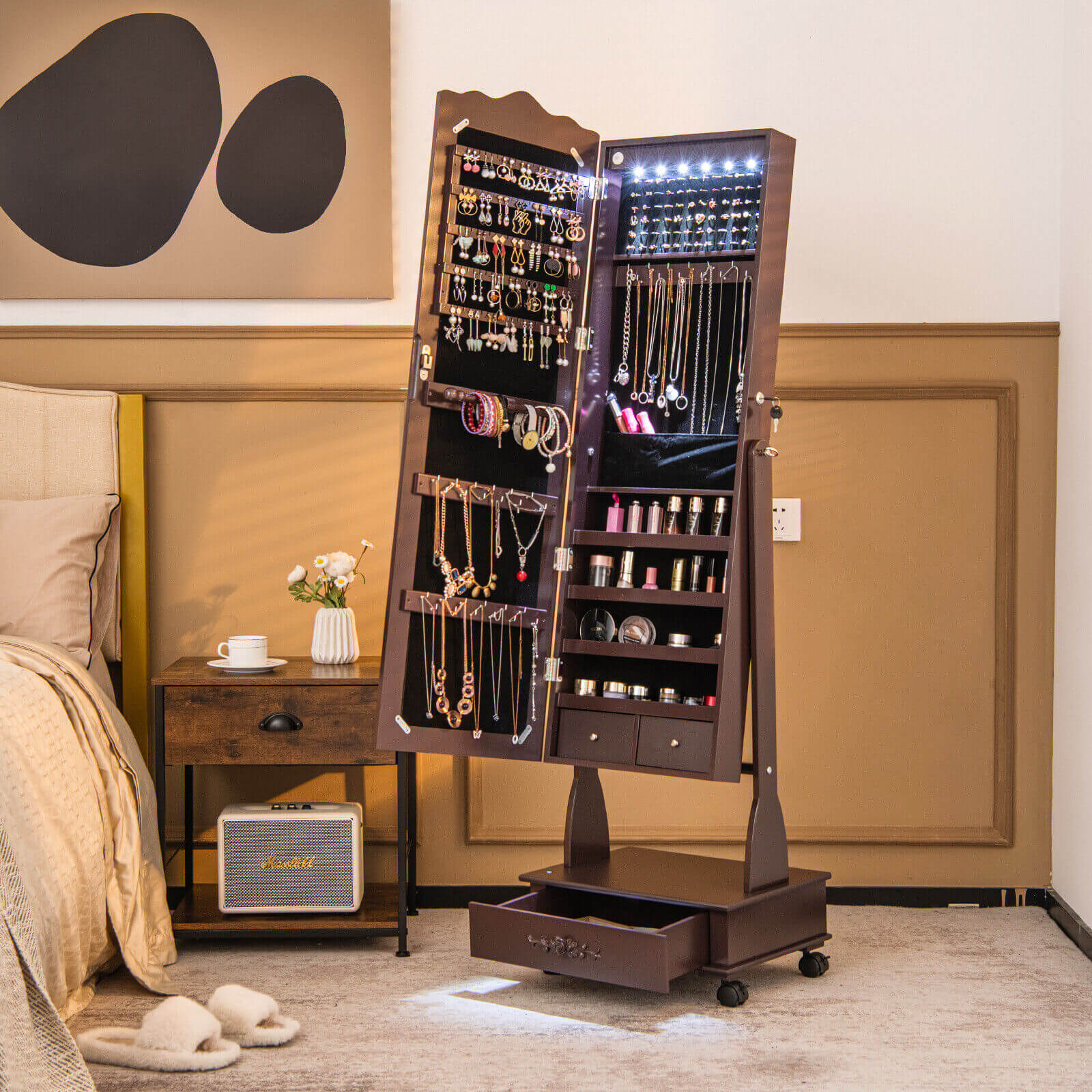 Rolling Floor Standing Mirrored Jewelry Armoire, Lock, Drawers, Brown - Image 3
