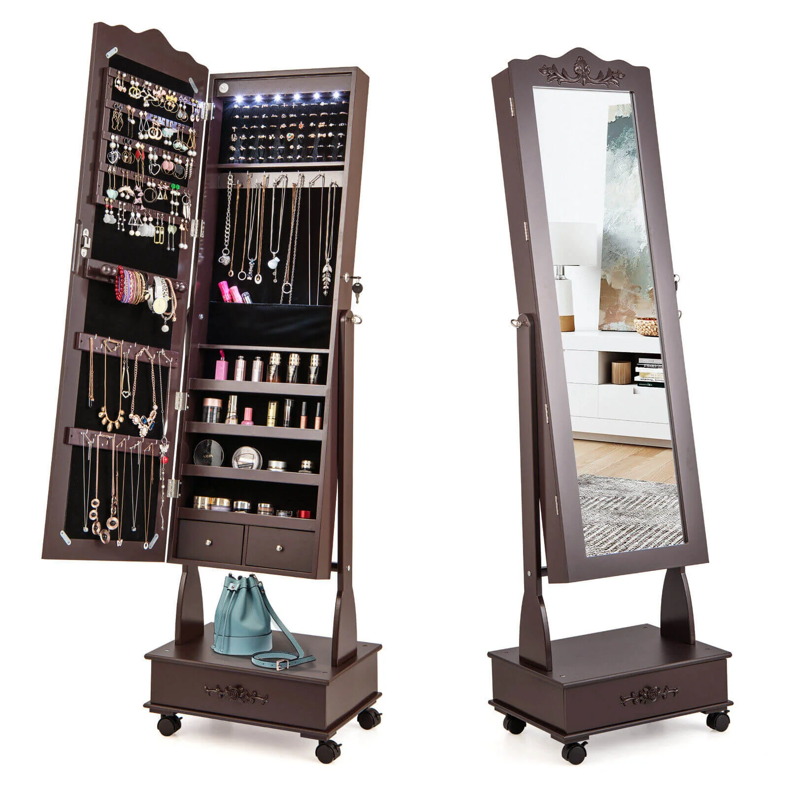 Rolling Floor Standing Mirrored Jewelry Armoire, Lock, Drawers, Brown - Image 8
