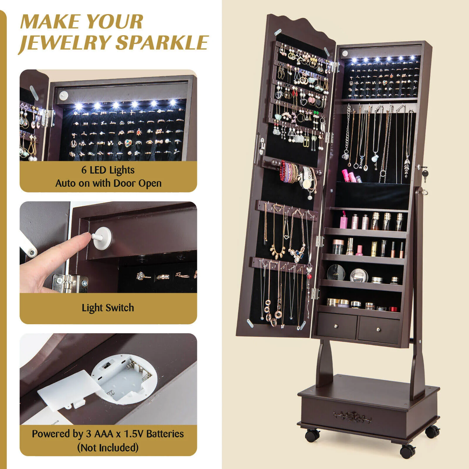 Rolling Floor Standing Mirrored Jewelry Armoire, Lock, Drawers, Brown - Image 9