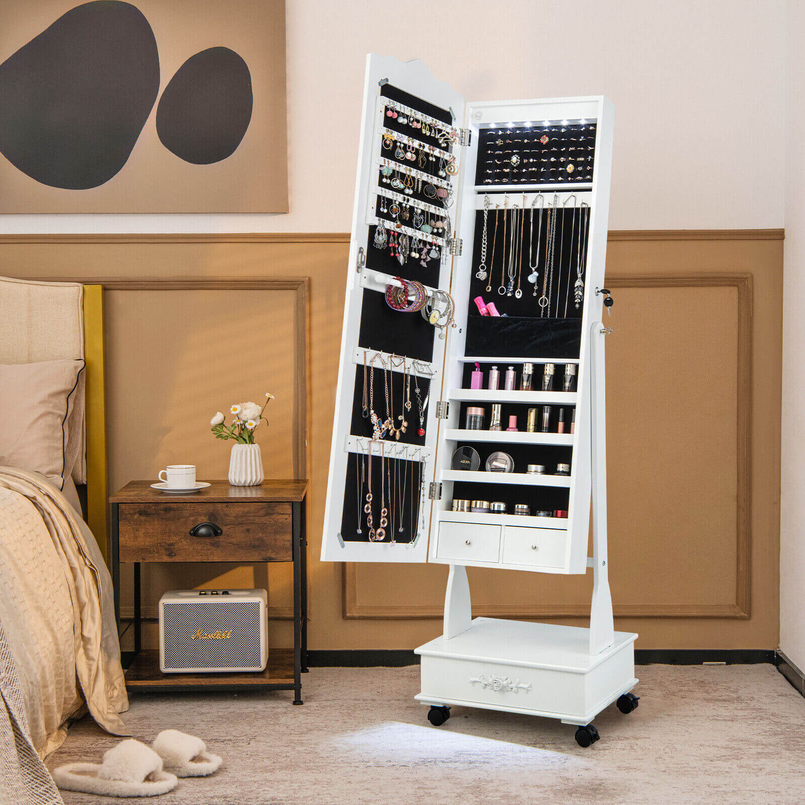 Rolling Floor Standing Mirrored Jewelry Armoire With Lock, Drawers, White - Image 2