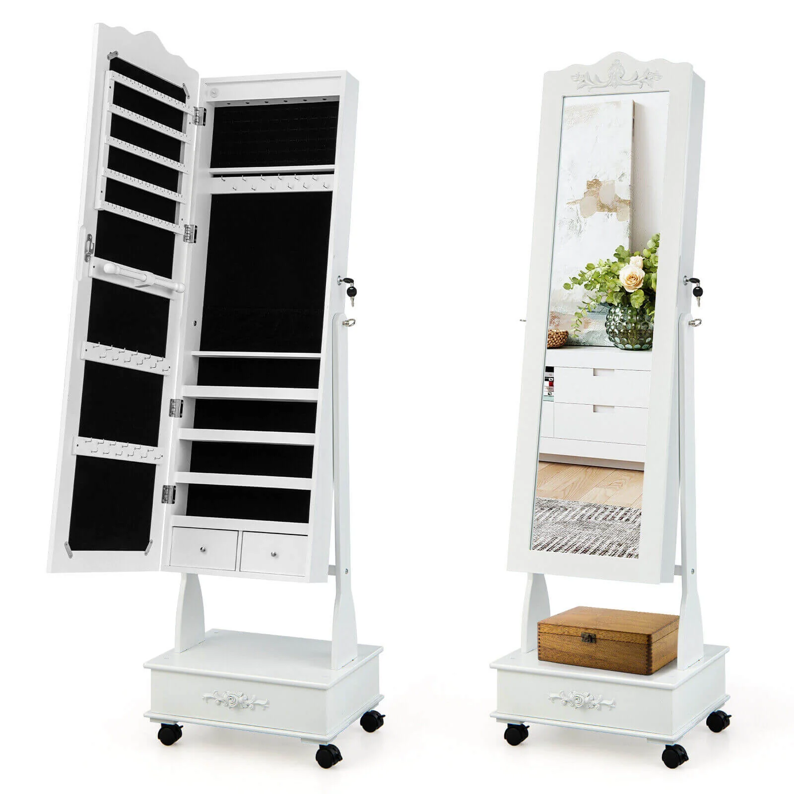 Rolling Floor Standing Mirrored Jewelry Armoire With Lock, Drawers, White - Image 4