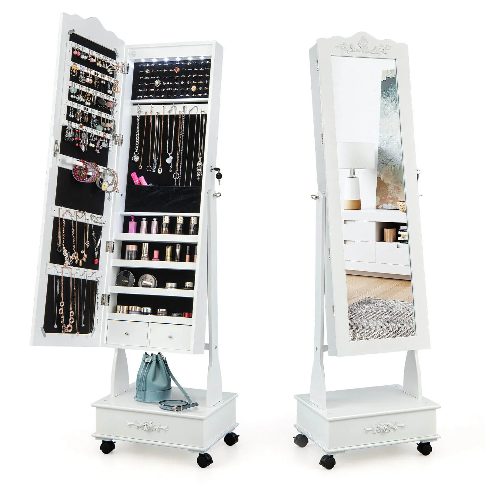 Rolling Floor Standing Mirrored Jewelry Armoire With Lock, Drawers, White - Image 5
