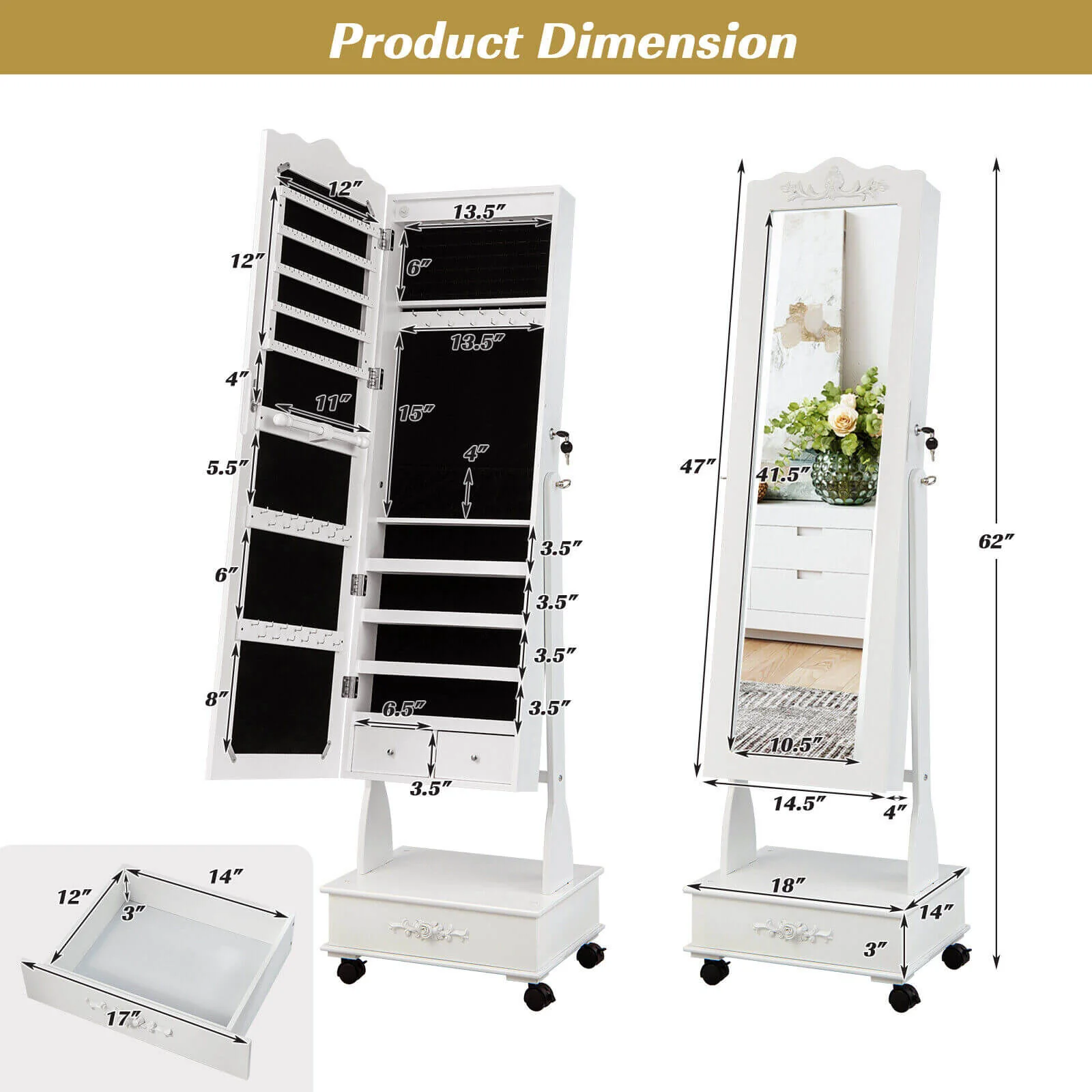 Rolling Floor Standing Mirrored Jewelry Armoire With Lock, Drawers, White - Image 6