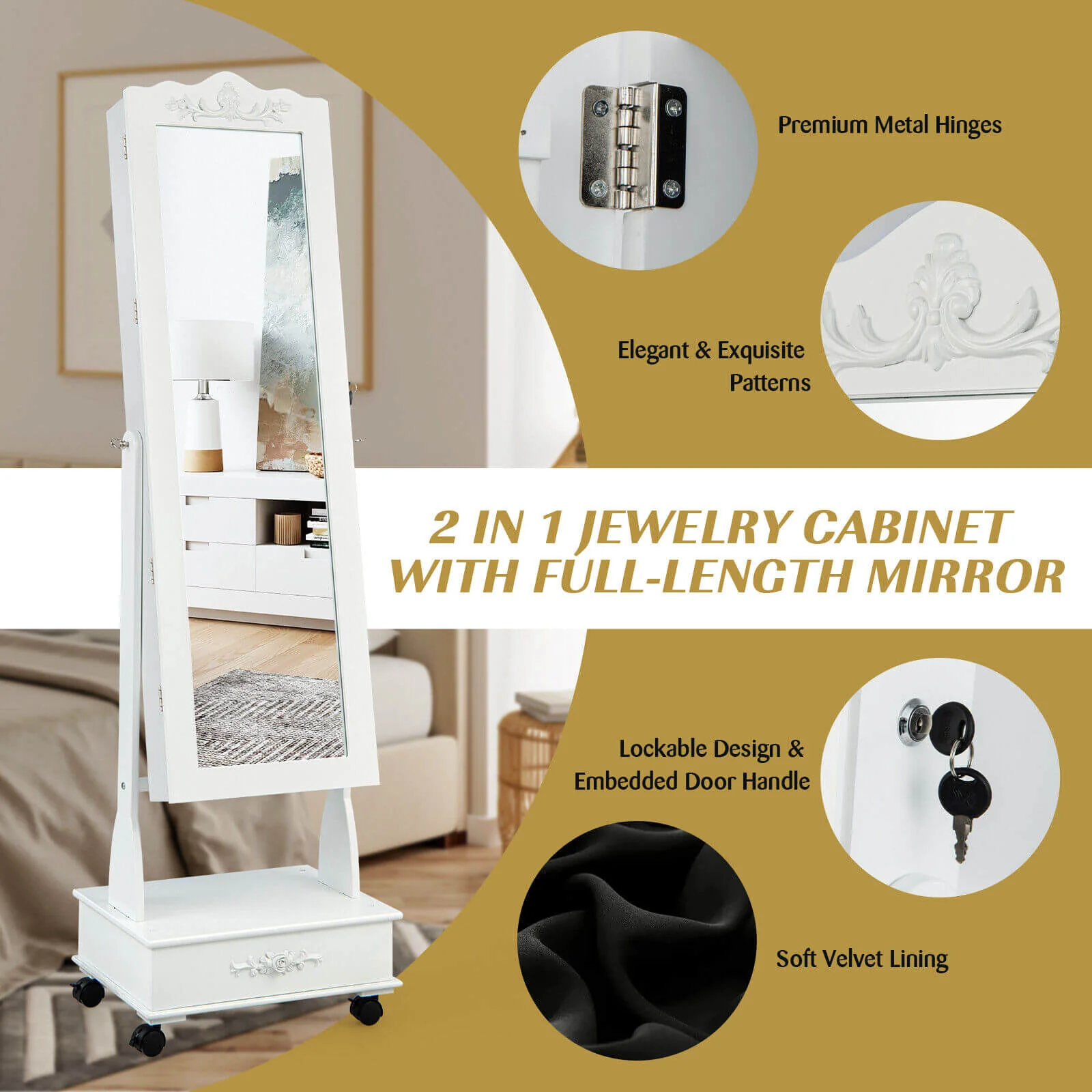 Rolling Floor Standing Mirrored Jewelry Armoire With Lock, Drawers, White - Image 7