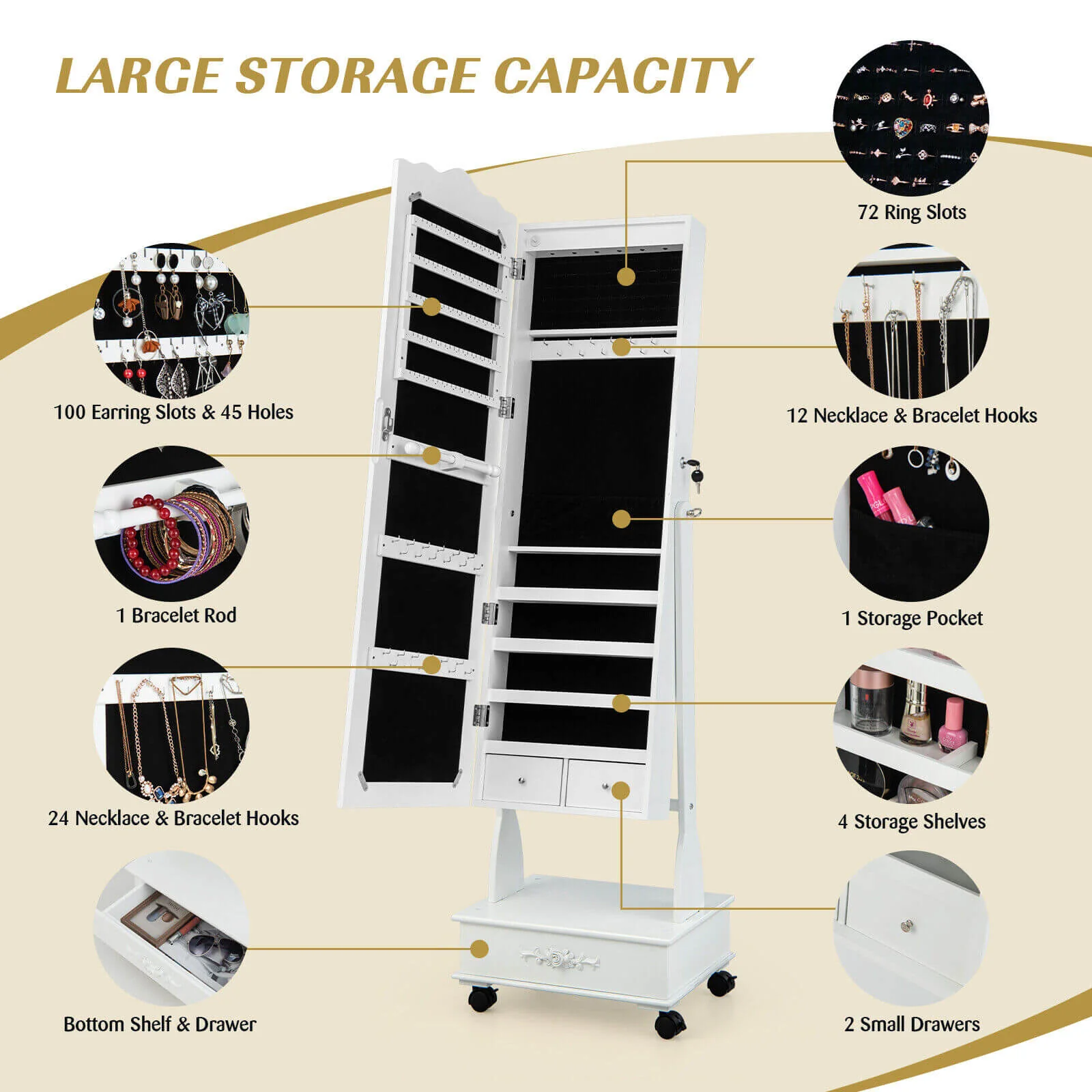 Rolling Floor Standing Mirrored Jewelry Armoire With Lock, Drawers, White - Image 8