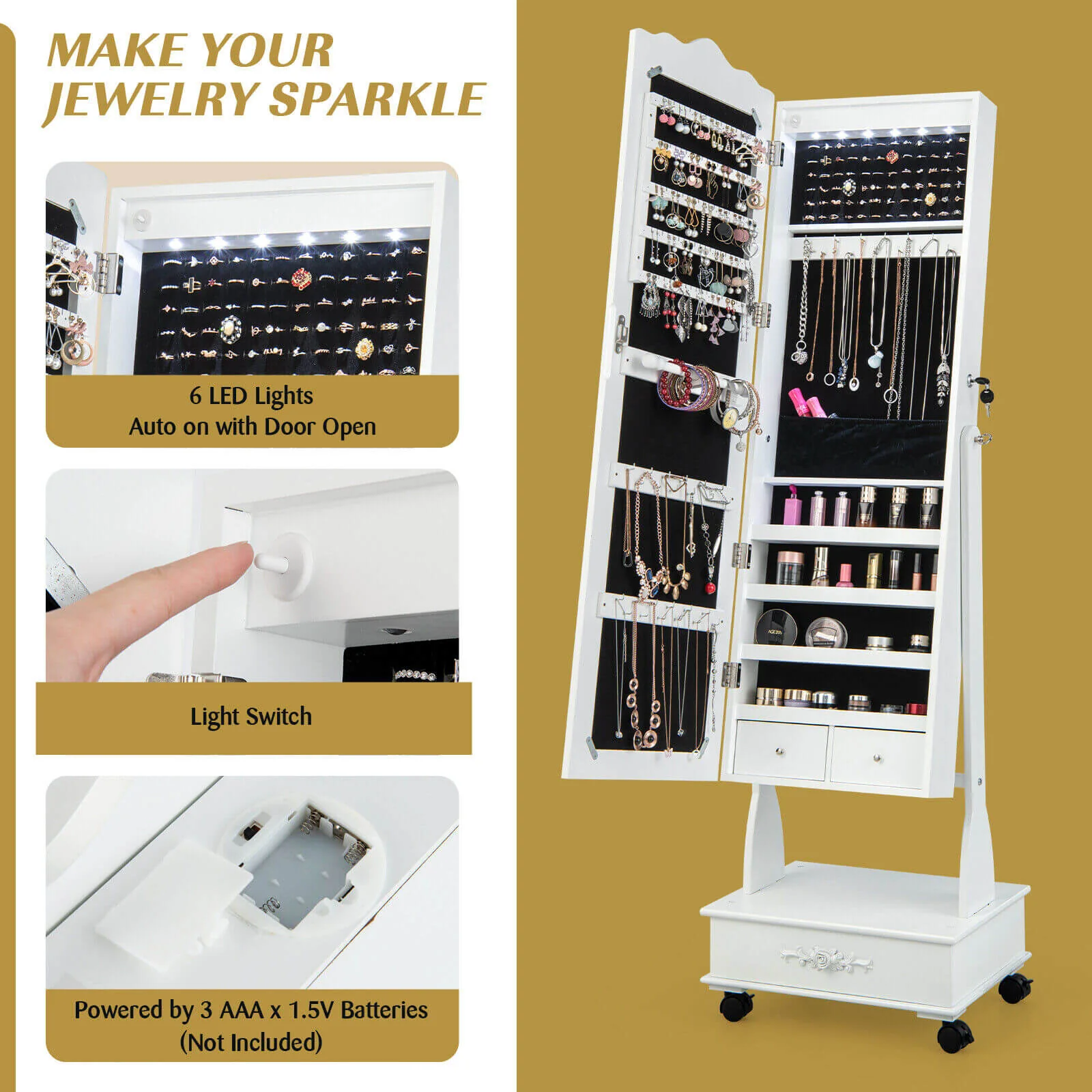 Rolling Floor Standing Mirrored Jewelry Armoire With Lock, Drawers, White - Image 9