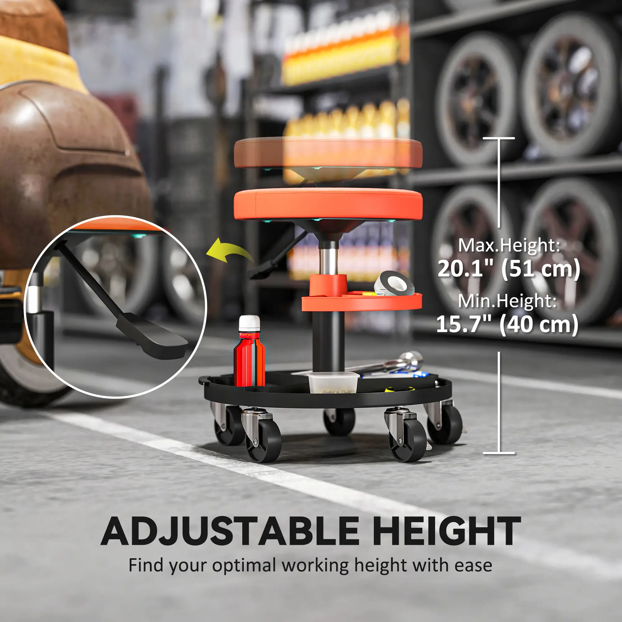 Rolling Garage Stool, 300 Lbs Capacity, Adjustable Height, Orange - Image 5