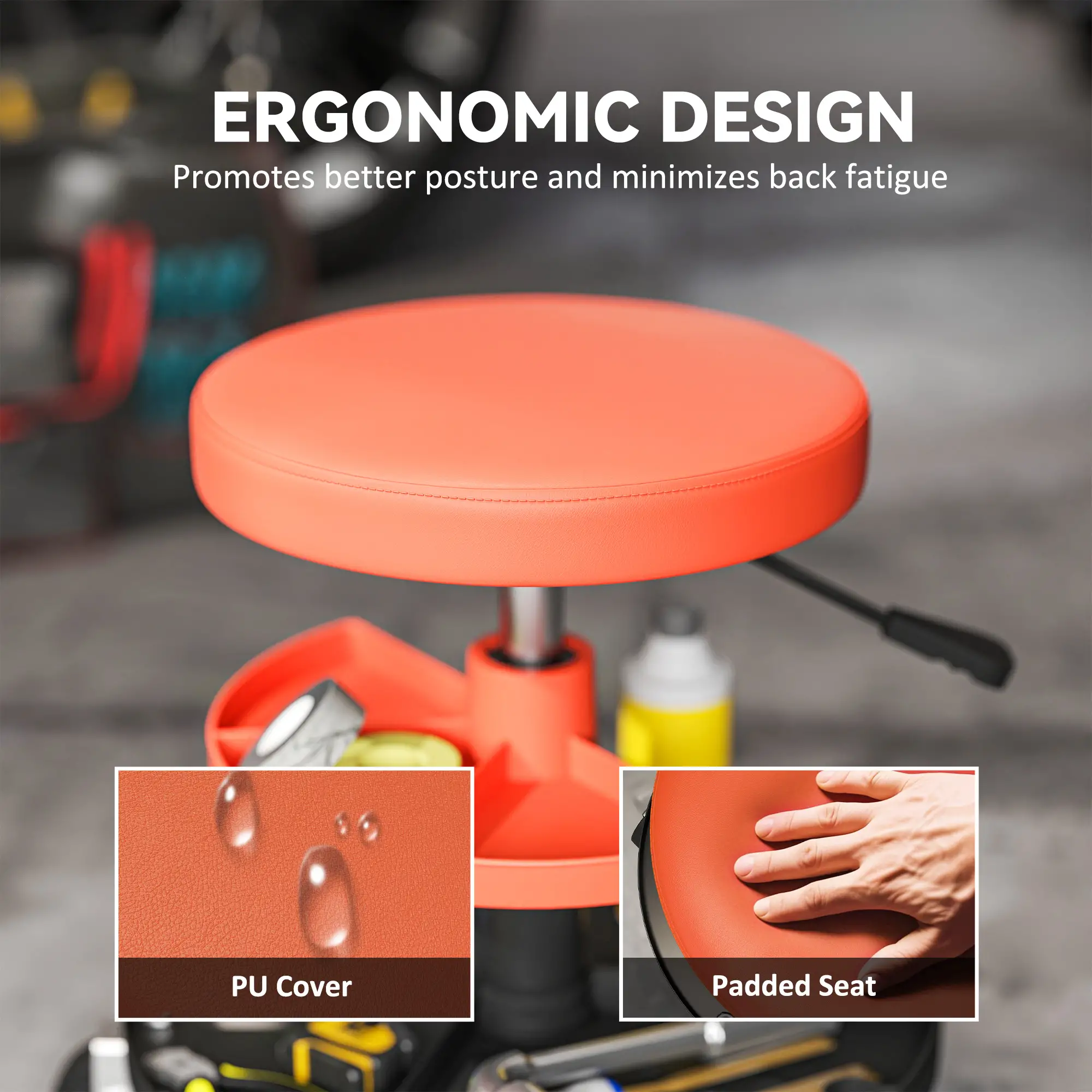 Rolling Garage Stool, 300 Lbs Capacity, Adjustable Height, Orange - Image 6