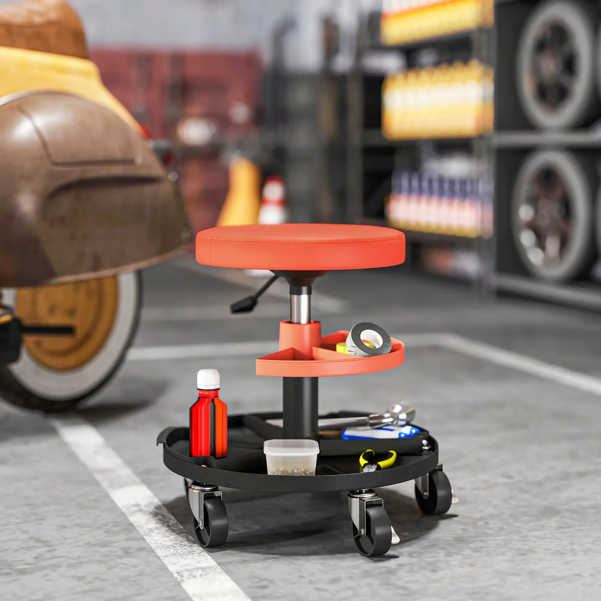 Rolling Garage Stool, 300 Lbs Capacity, Adjustable Height, Orange - Image 8