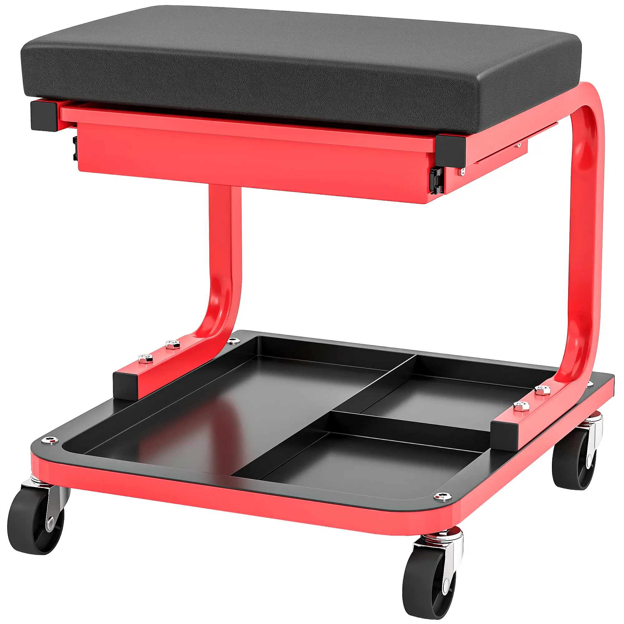 Rolling Garage Stool, 300 LBS Capacity, Tool Trays, Drawer, Black