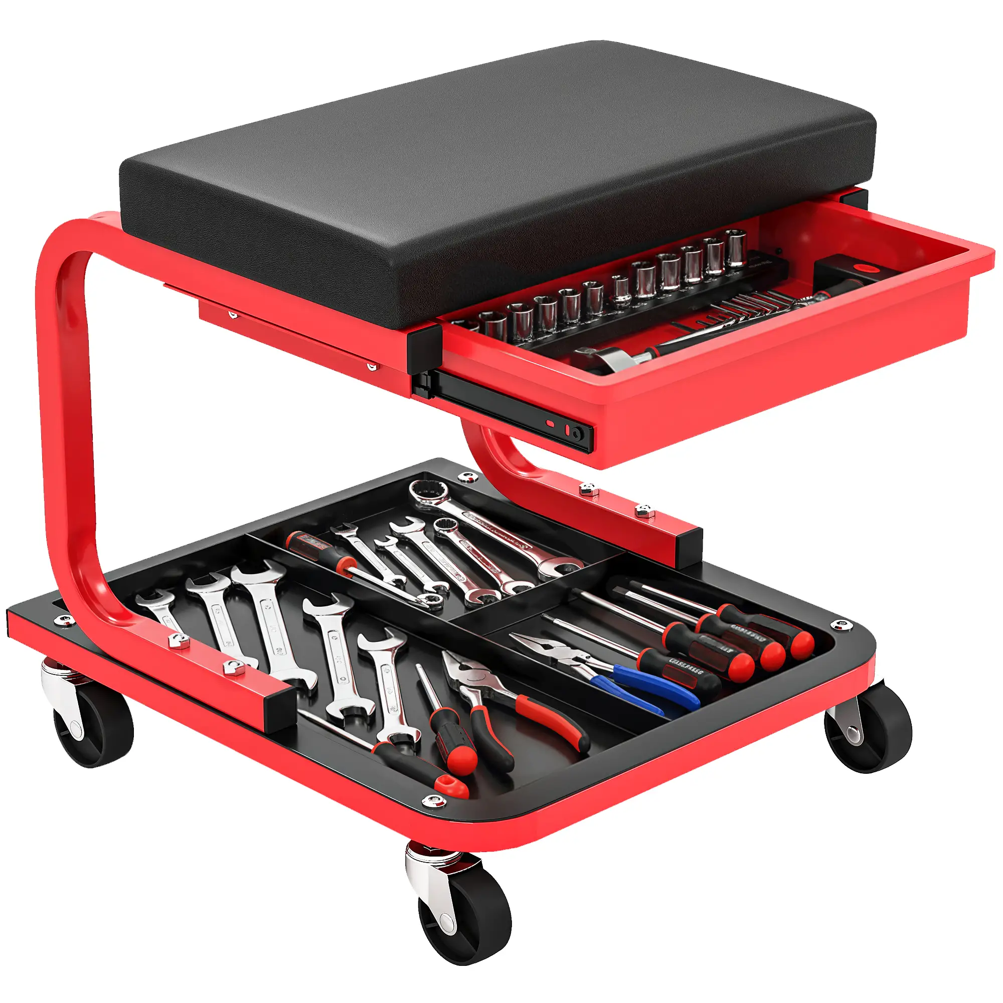Rolling Garage Stool, 300 LBS Capacity, Tool Trays, Drawer, Black - Image 11