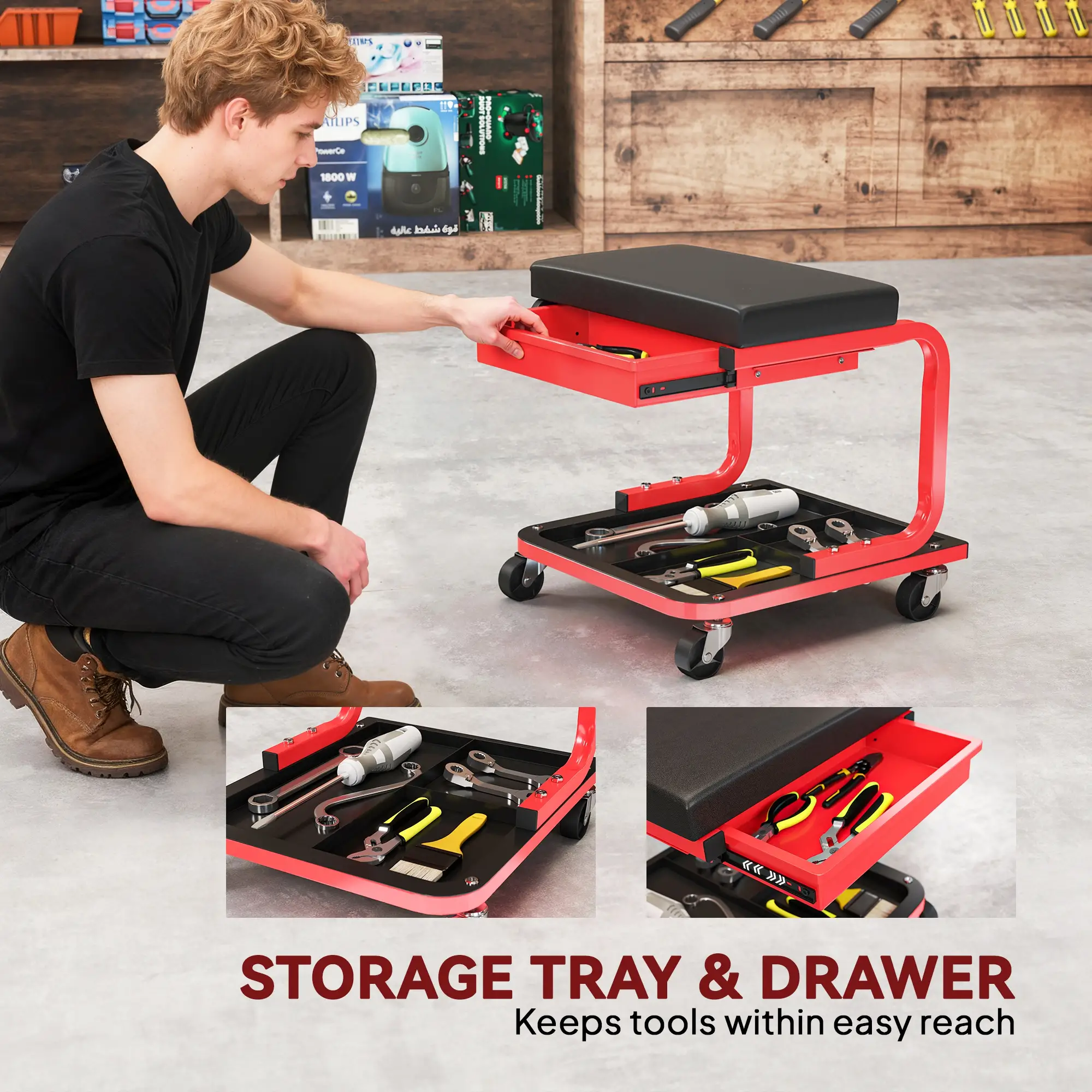 Rolling Garage Stool, 300 LBS Capacity, Tool Trays, Drawer, Black - Image 4