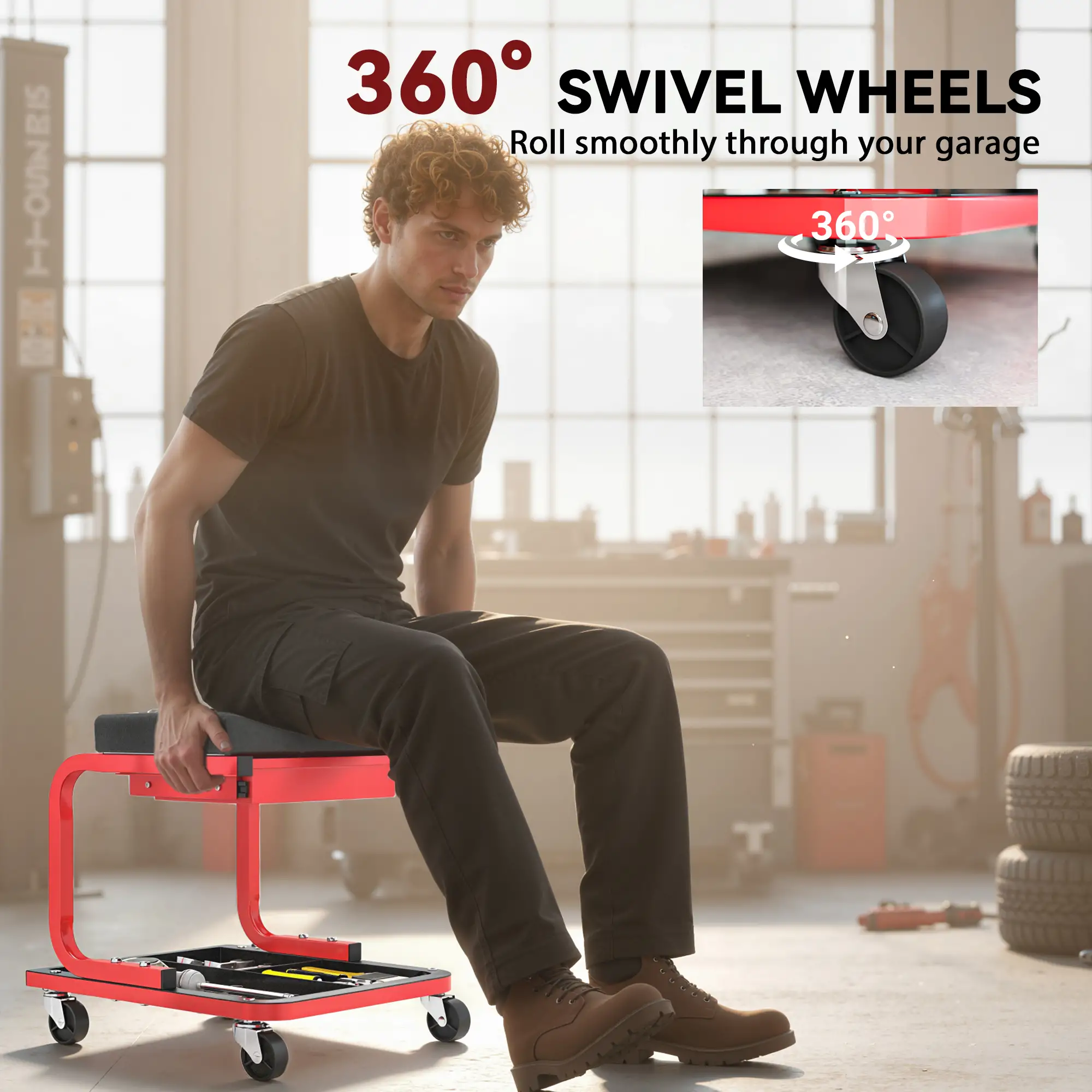 Rolling Garage Stool, 300 LBS Capacity, Tool Trays, Drawer, Black - Image 5