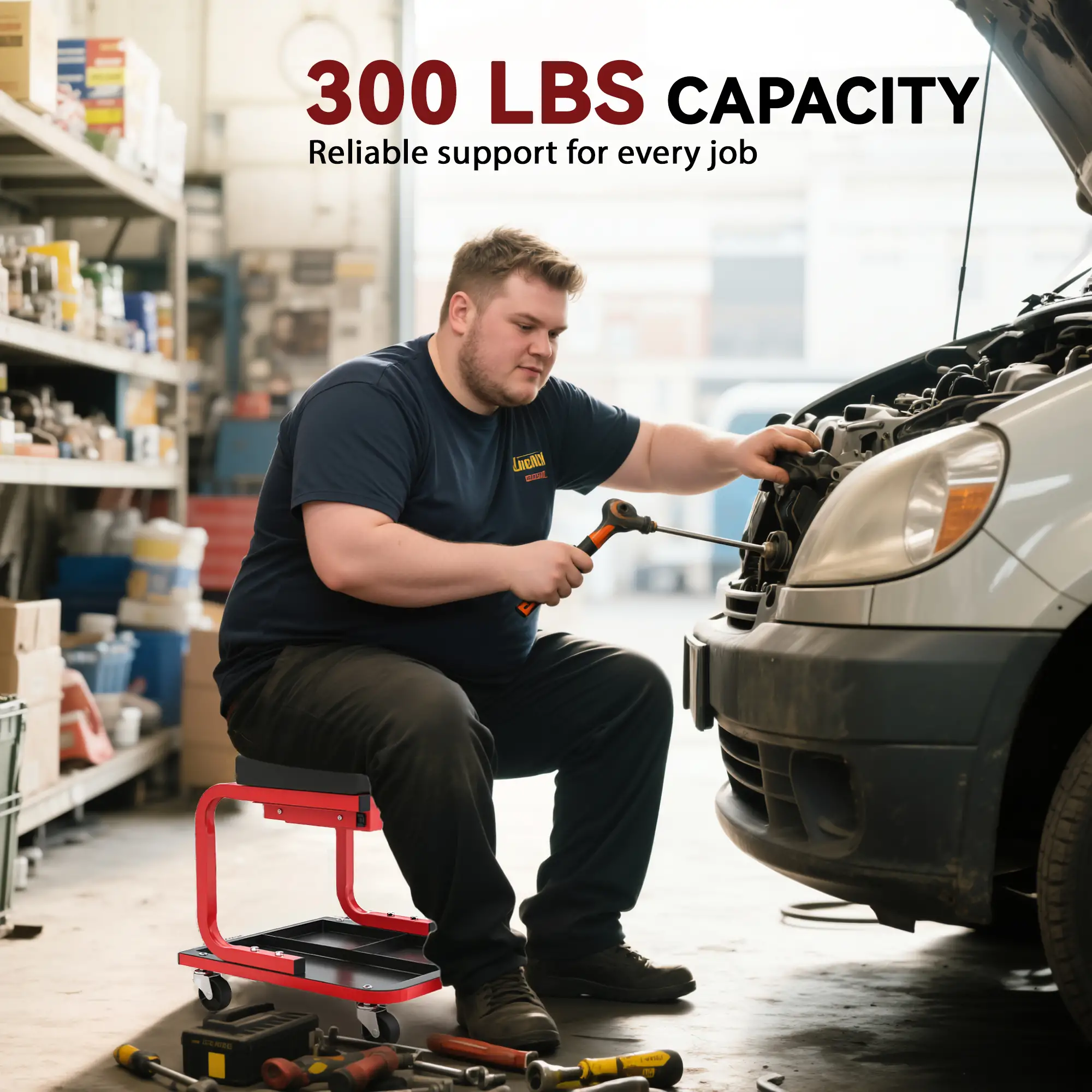 Rolling Garage Stool, 300 LBS Capacity, Tool Trays, Drawer, Black - Image 6