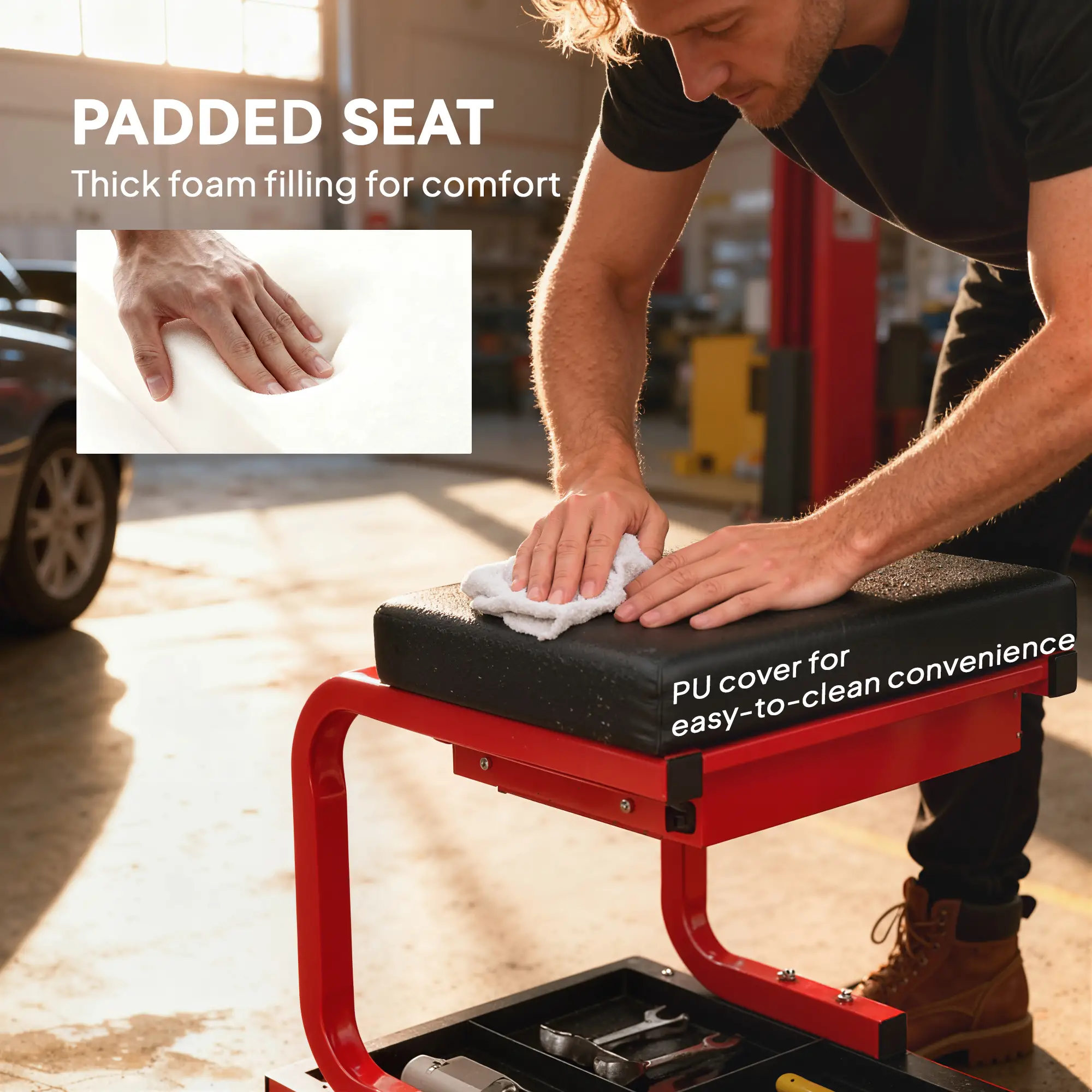 Rolling Garage Stool, 300 LBS Capacity, Tool Trays, Drawer, Black - Image 7
