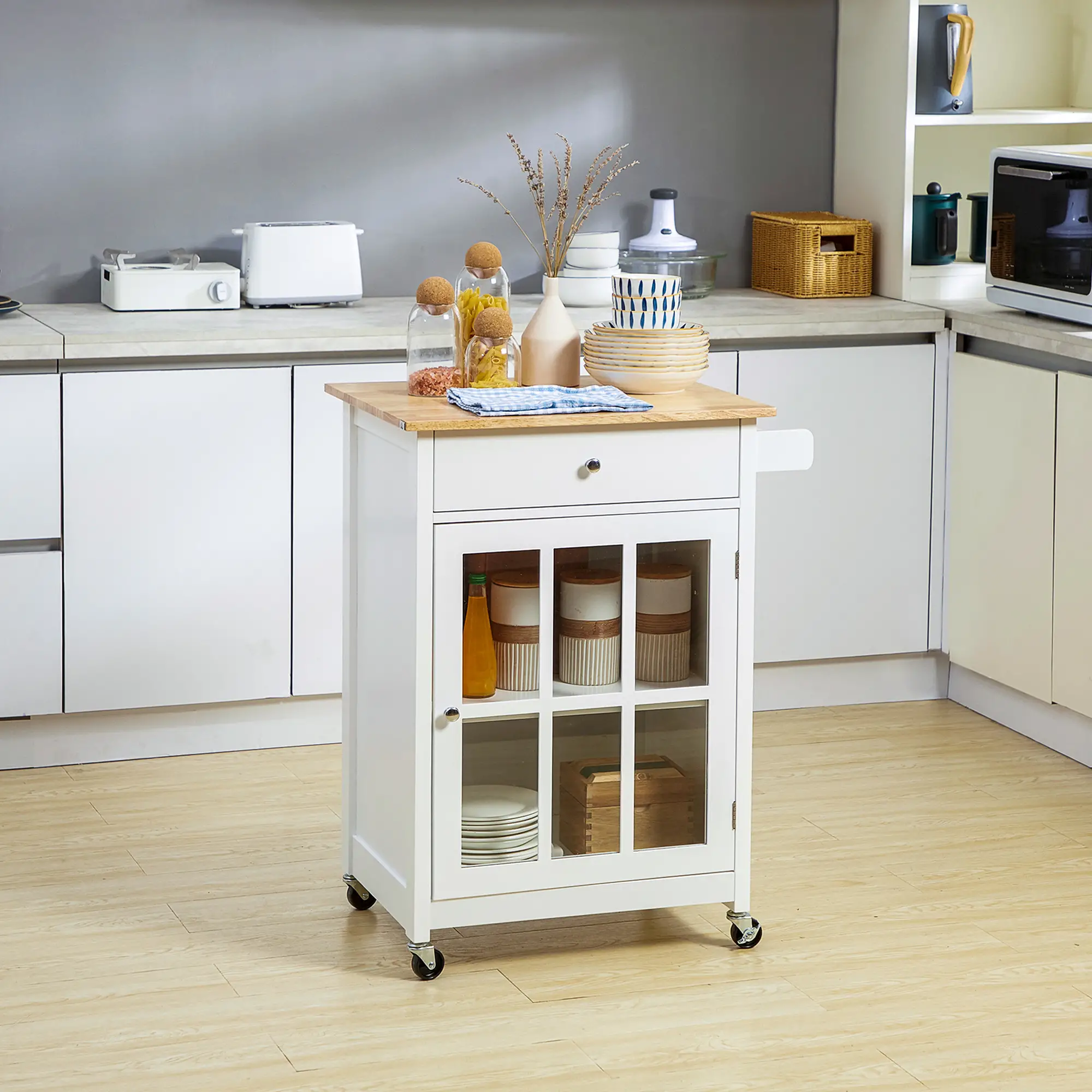 Rolling Kitchen Cart, Drawer Glass Door Cabinet, Island on Wheels, White - Image 2