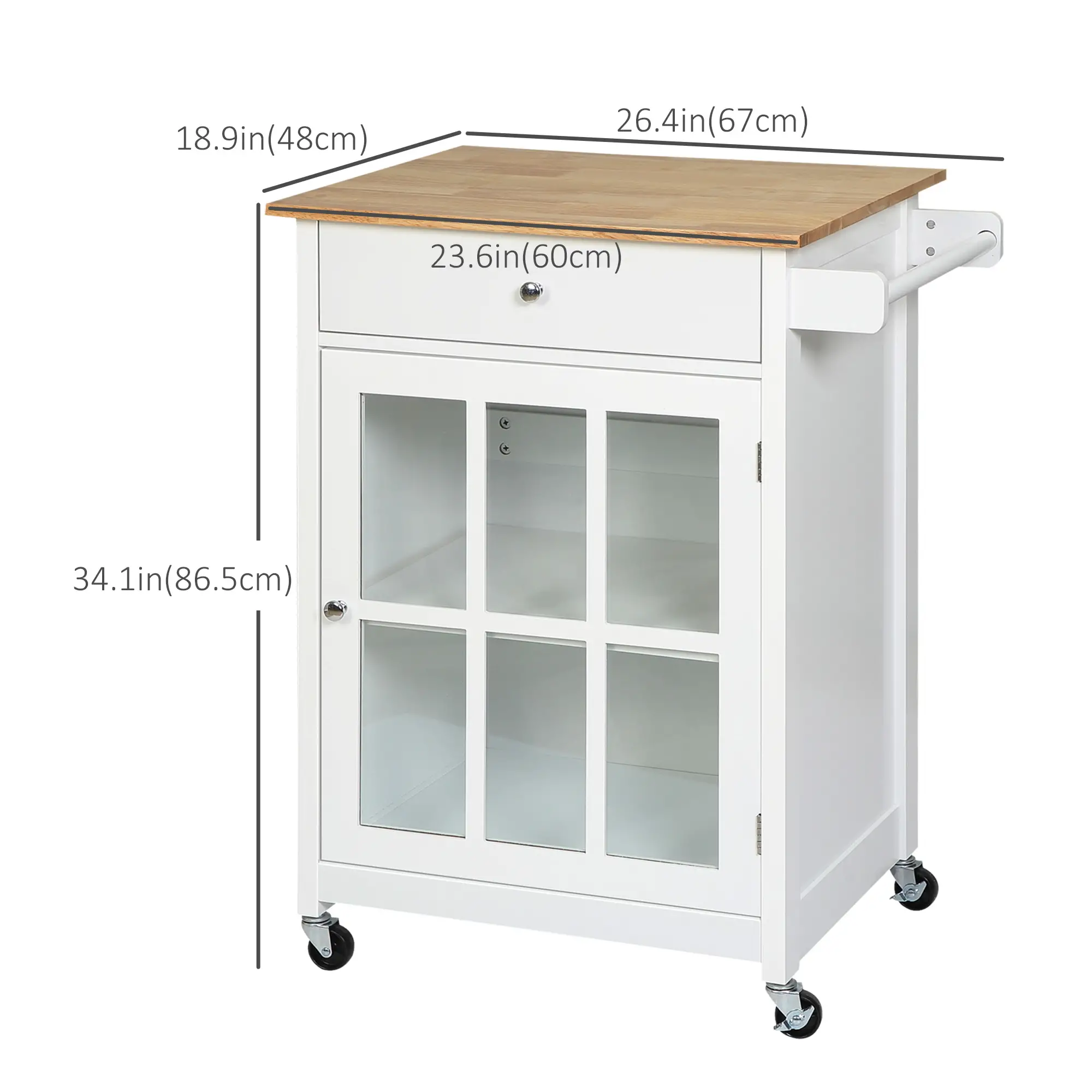 Rolling Kitchen Cart, Drawer Glass Door Cabinet, Island on Wheels, White - Image 3