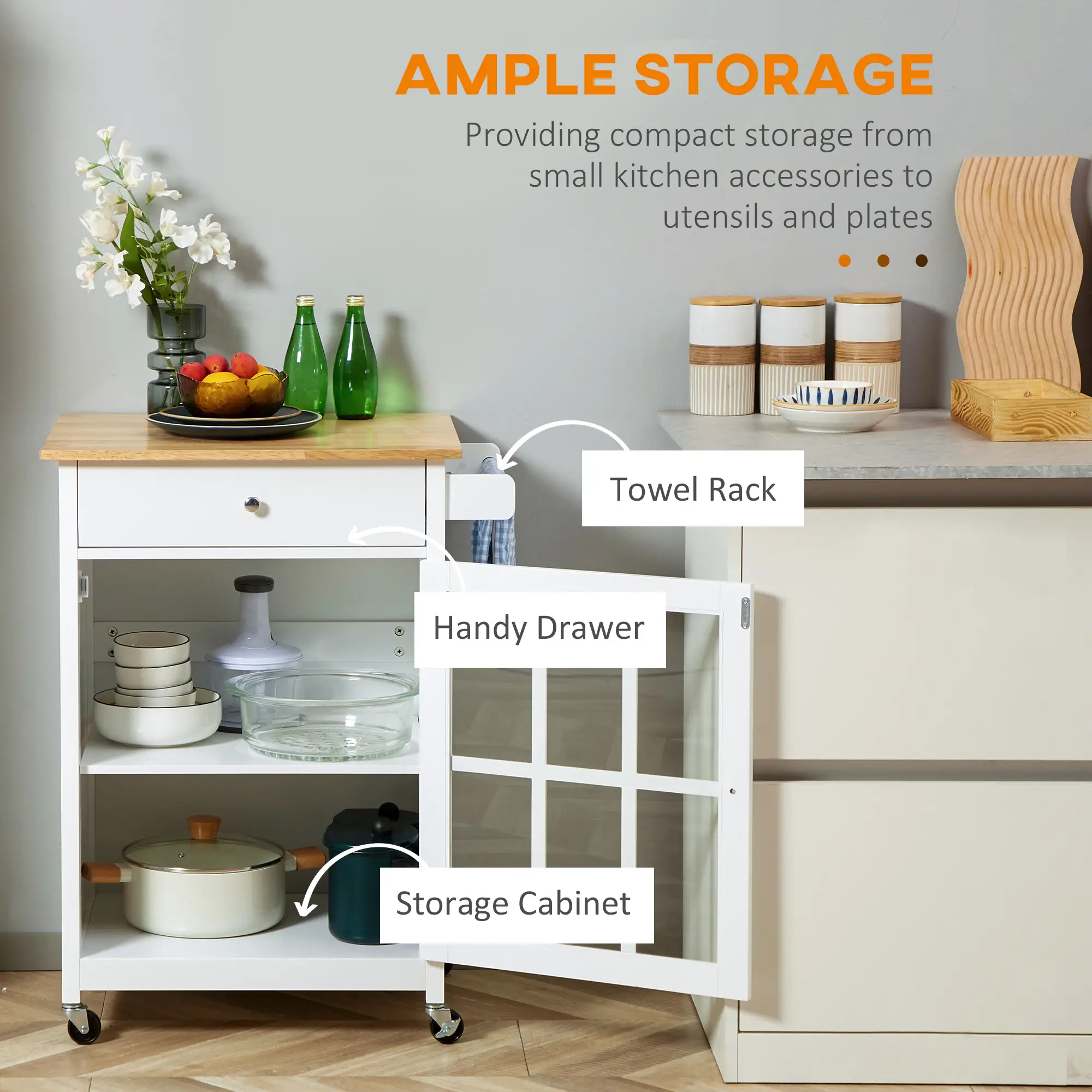 Rolling Kitchen Cart, Drawer Glass Door Cabinet, Island on Wheels, White - Image 4