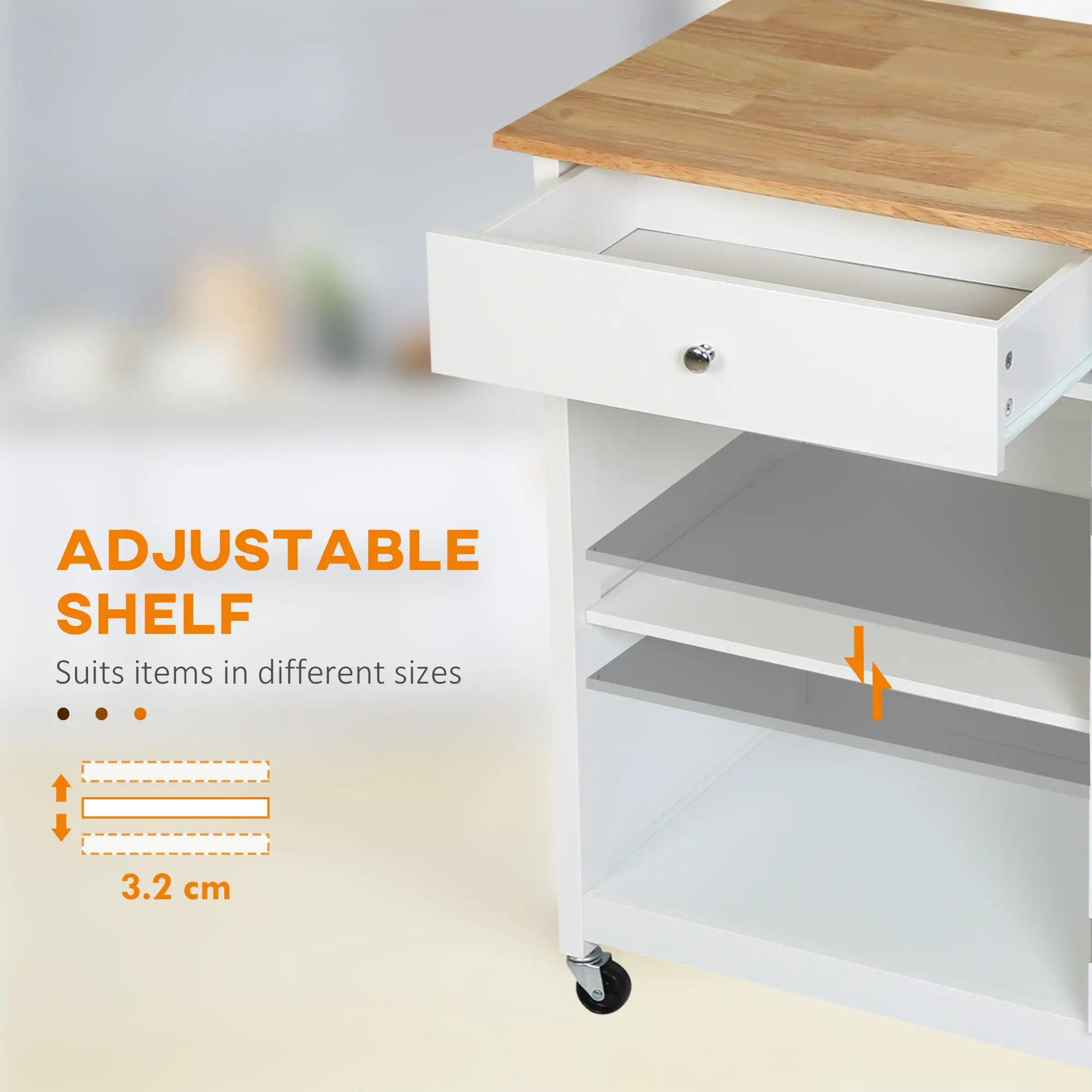 Rolling Kitchen Cart, Drawer Glass Door Cabinet, Island on Wheels, White - Image 6