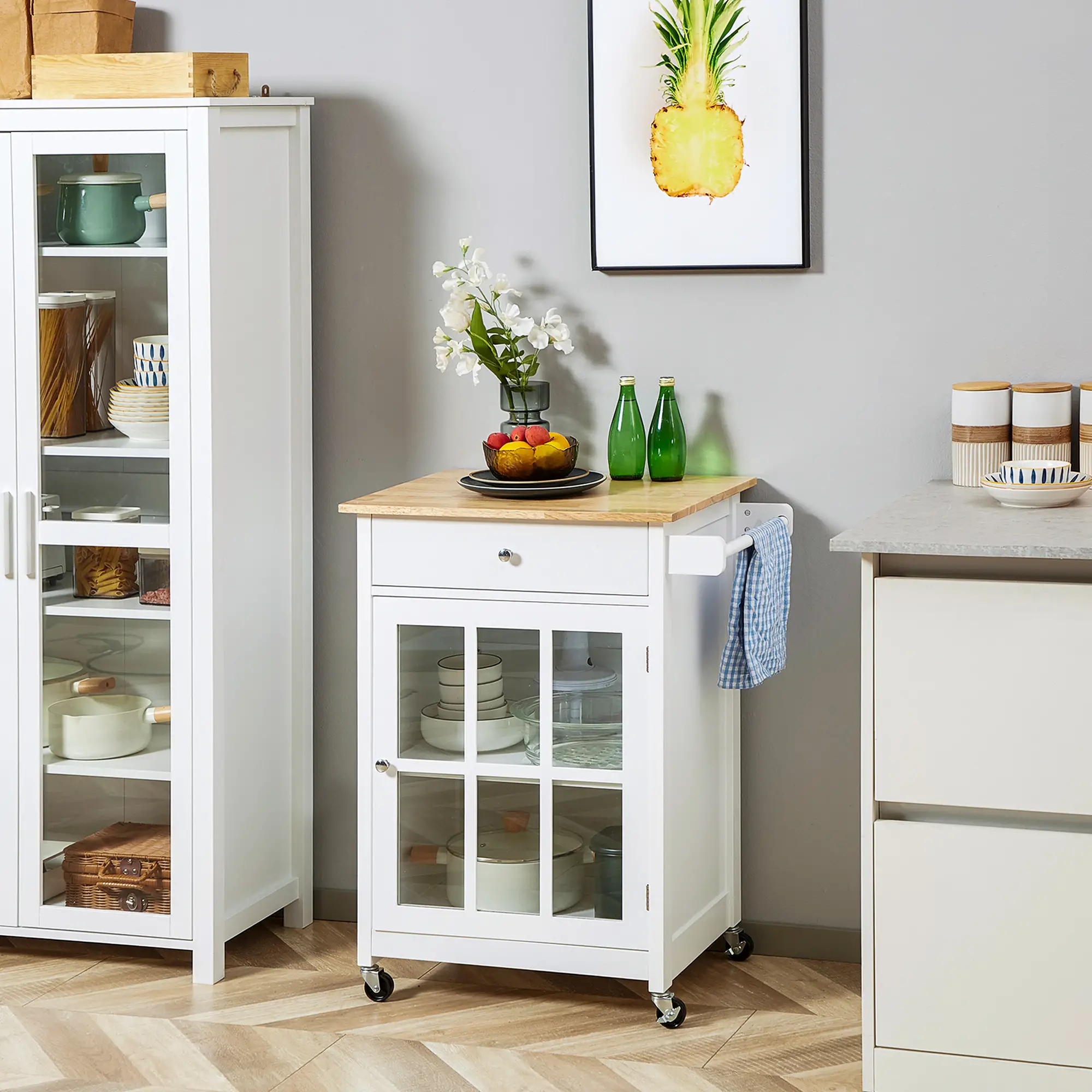 Rolling Kitchen Cart, Drawer Glass Door Cabinet, Island on Wheels, White - Image 8