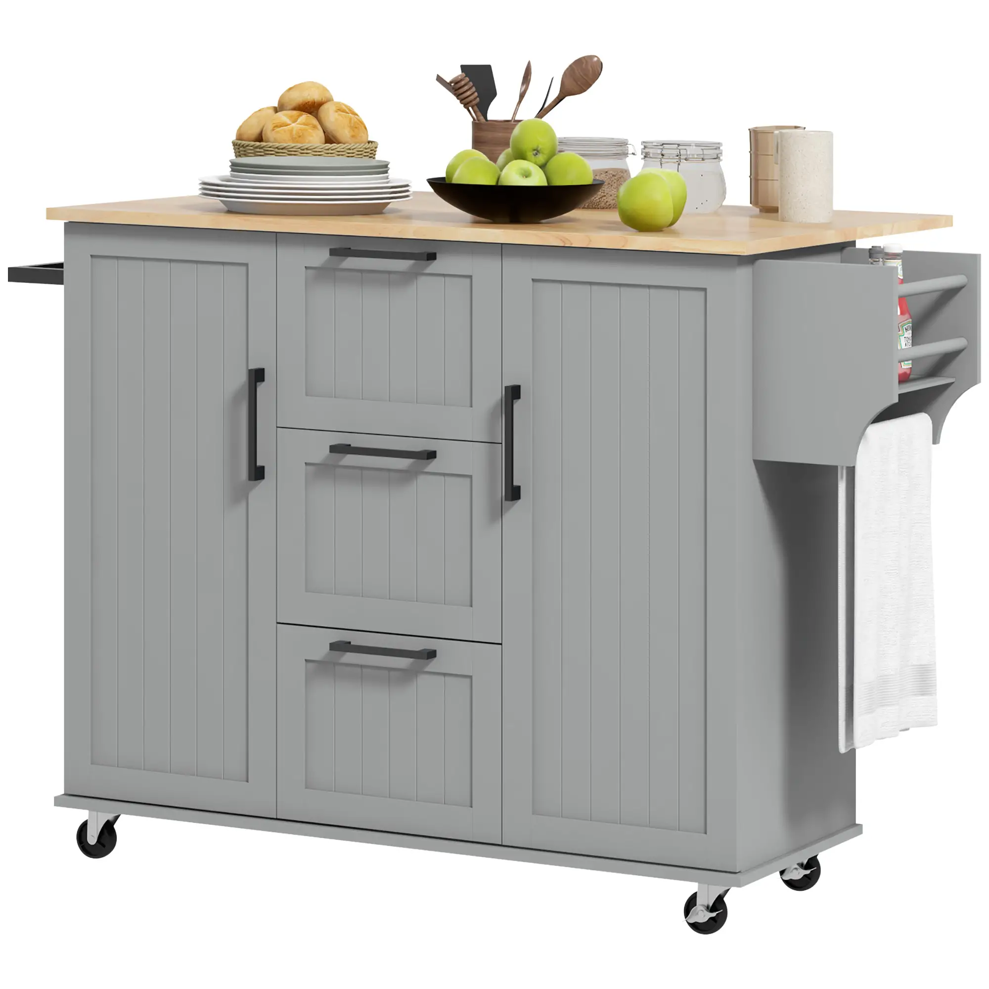 Rolling Kitchen Cart with Drop Leaf, 3 Drawers, Solid Wood Top, Towel Rack, Grey
